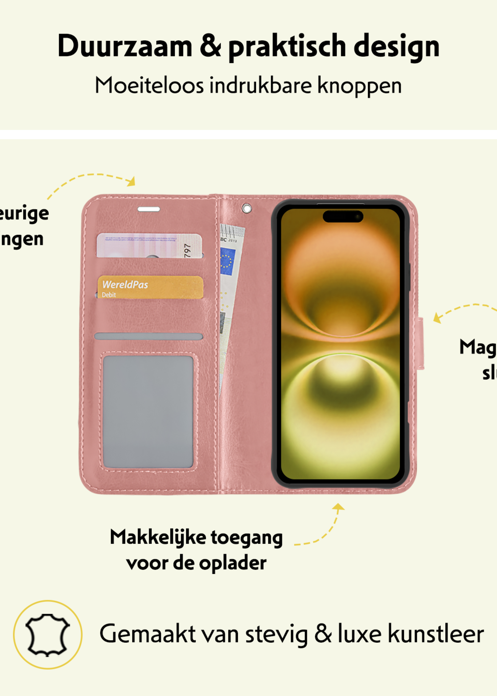 LUQ Hoesje Geschikt voor iPhone 16 Hoesje Book Case Hoes Wallet Cover - Hoes Geschikt voor iPhone 16 Hoesje Bookcase Hoes - Rosé goud