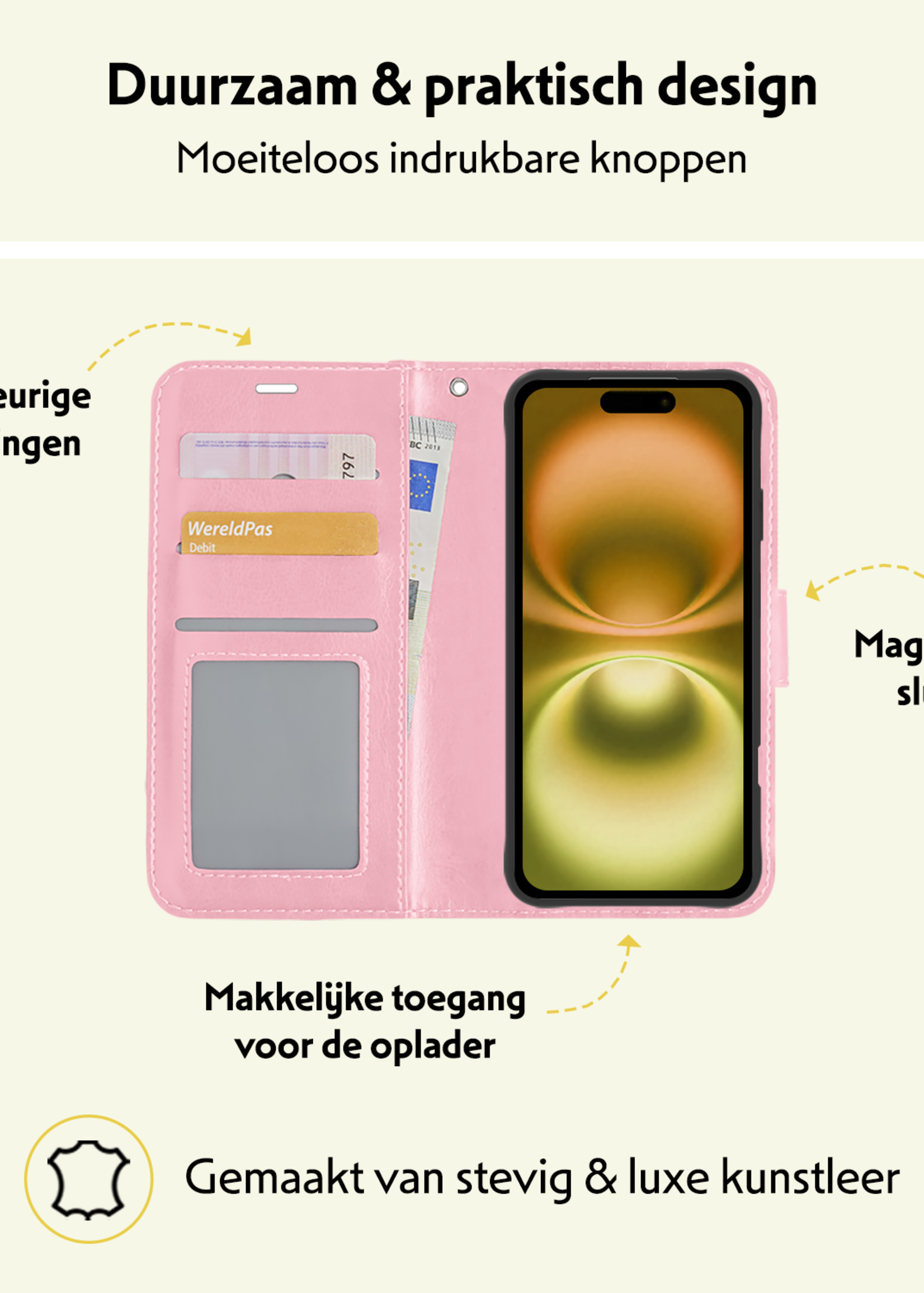 LUQ Hoesje Geschikt voor iPhone 16 Hoesje Book Case Hoes Wallet Cover Met Screenprotector - Hoes Geschikt voor iPhone 16 Hoesje Bookcase Hoes - Lichtroze