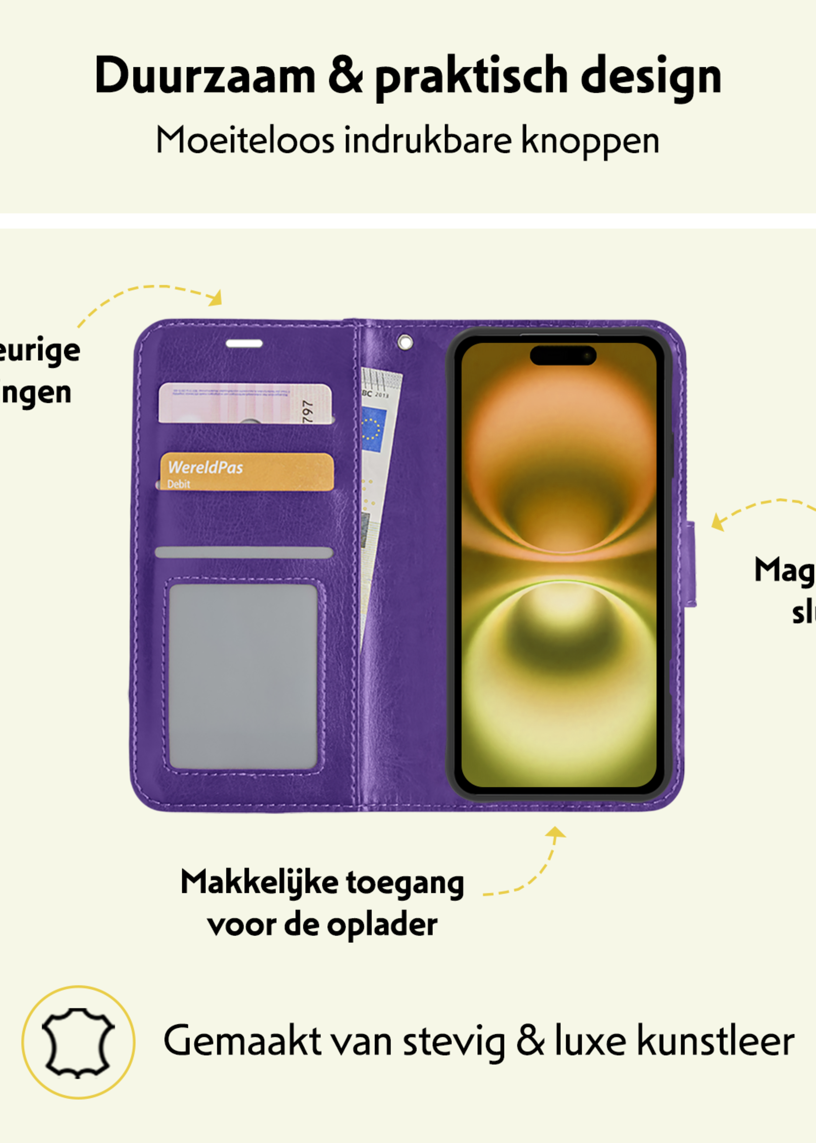 LUQ Hoesje Geschikt voor iPhone 16 Hoesje Book Case Hoes Wallet Cover Met 2x Screenprotector - Hoes Geschikt voor iPhone 16 Hoesje Bookcase Hoes - Paars