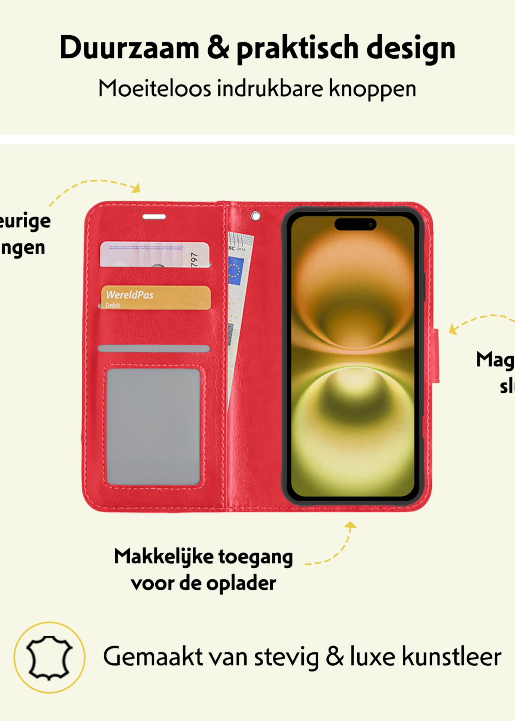 LUQ Hoesje Geschikt voor iPhone 16 Plus Hoesje Book Case Hoes Wallet Cover - Hoes Geschikt voor iPhone 16 Plus Hoesje Bookcase Hoes - Rood