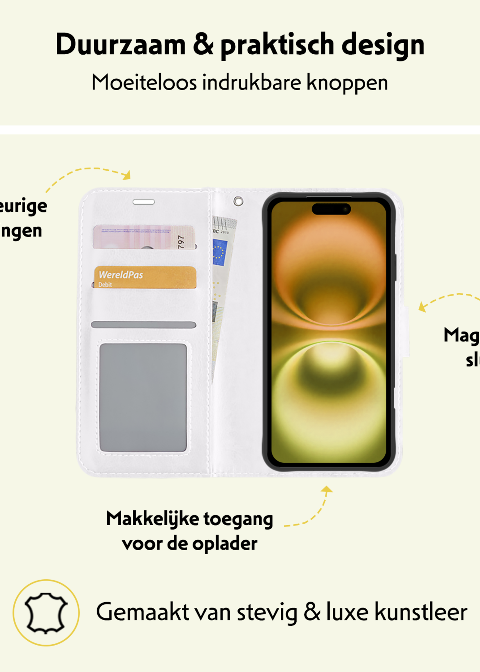 LUQ Hoesje Geschikt voor iPhone 16 Plus Hoesje Book Case Hoes Wallet Cover - Hoes Geschikt voor iPhone 16 Plus Hoesje Bookcase Hoes - Wit