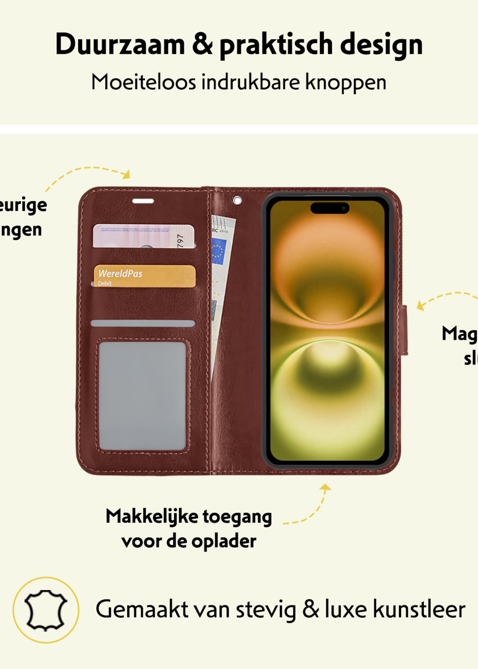 LUQ Hoesje Geschikt voor iPhone 16 Plus Hoesje Book Case Hoes Wallet Cover Met Screenprotector - Hoes Geschikt voor iPhone 16 Plus Hoesje Bookcase Hoes - Bruin