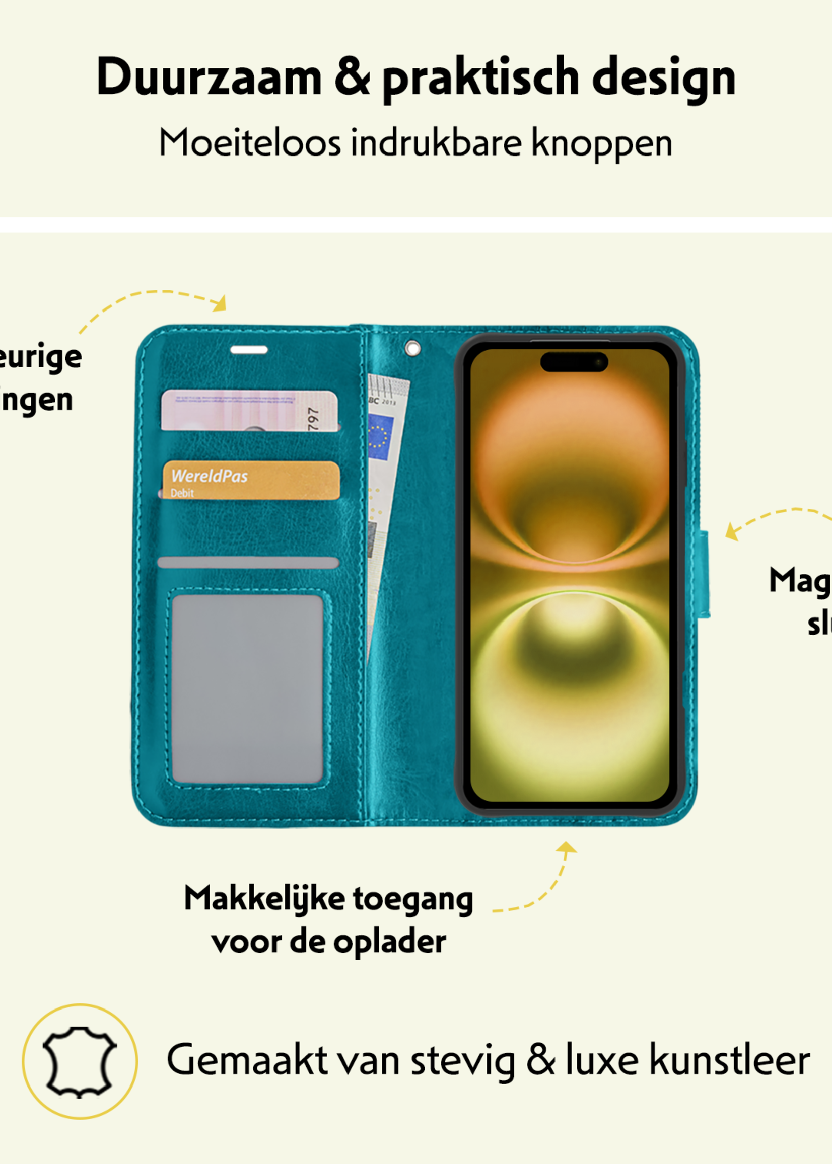 LUQ Hoesje Geschikt voor iPhone 16 Plus Hoesje Book Case Hoes Wallet Cover Met 2x Screenprotector - Hoes Geschikt voor iPhone 16 Plus Hoesje Bookcase Hoes - Turquoise