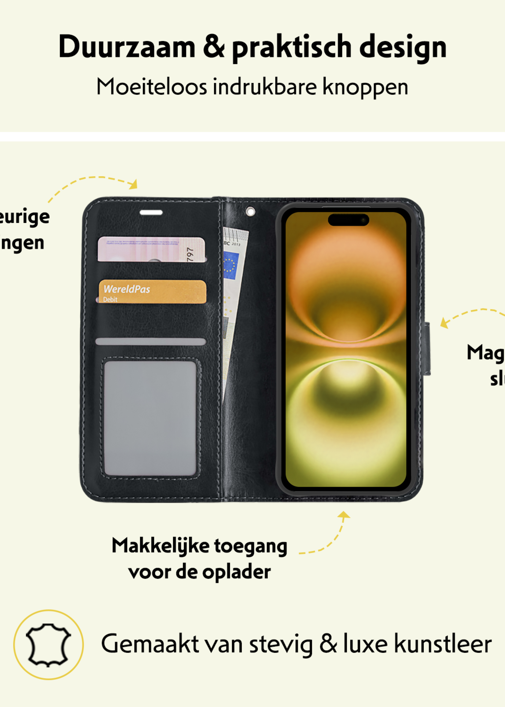 LUQ Hoesje Geschikt voor iPhone 16 Plus Hoesje Book Case Hoes Wallet Cover Met 2x Screenprotector - Hoes Geschikt voor iPhone 16 Plus Hoesje Bookcase Hoes - Zwart