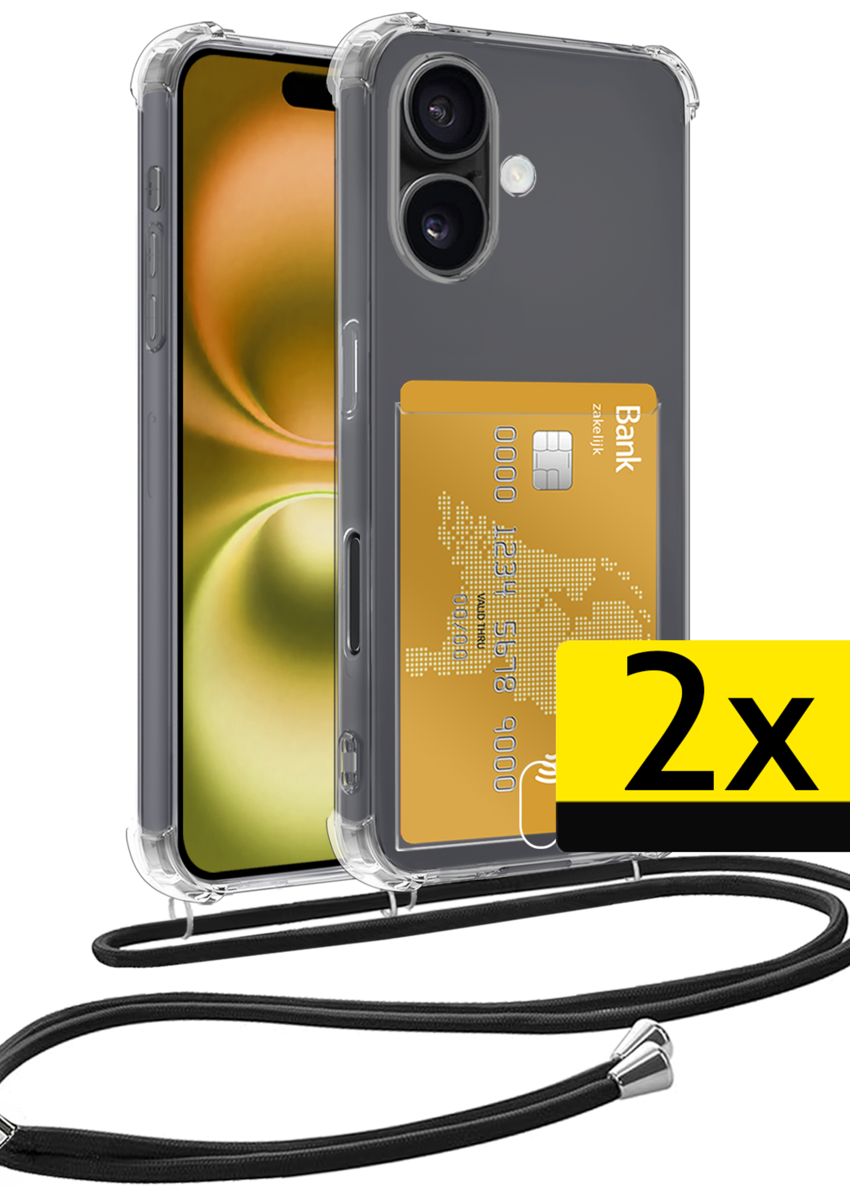 LUQ Hoesje Geschikt voor iPhone 16 Plus Telefoonhoesje Met Koord Case Pashouder Siliconen - Hoes Geschikt voor iPhone 16 Plus Hoesje Met Kaarthouder - Transparant - 2 Stuks