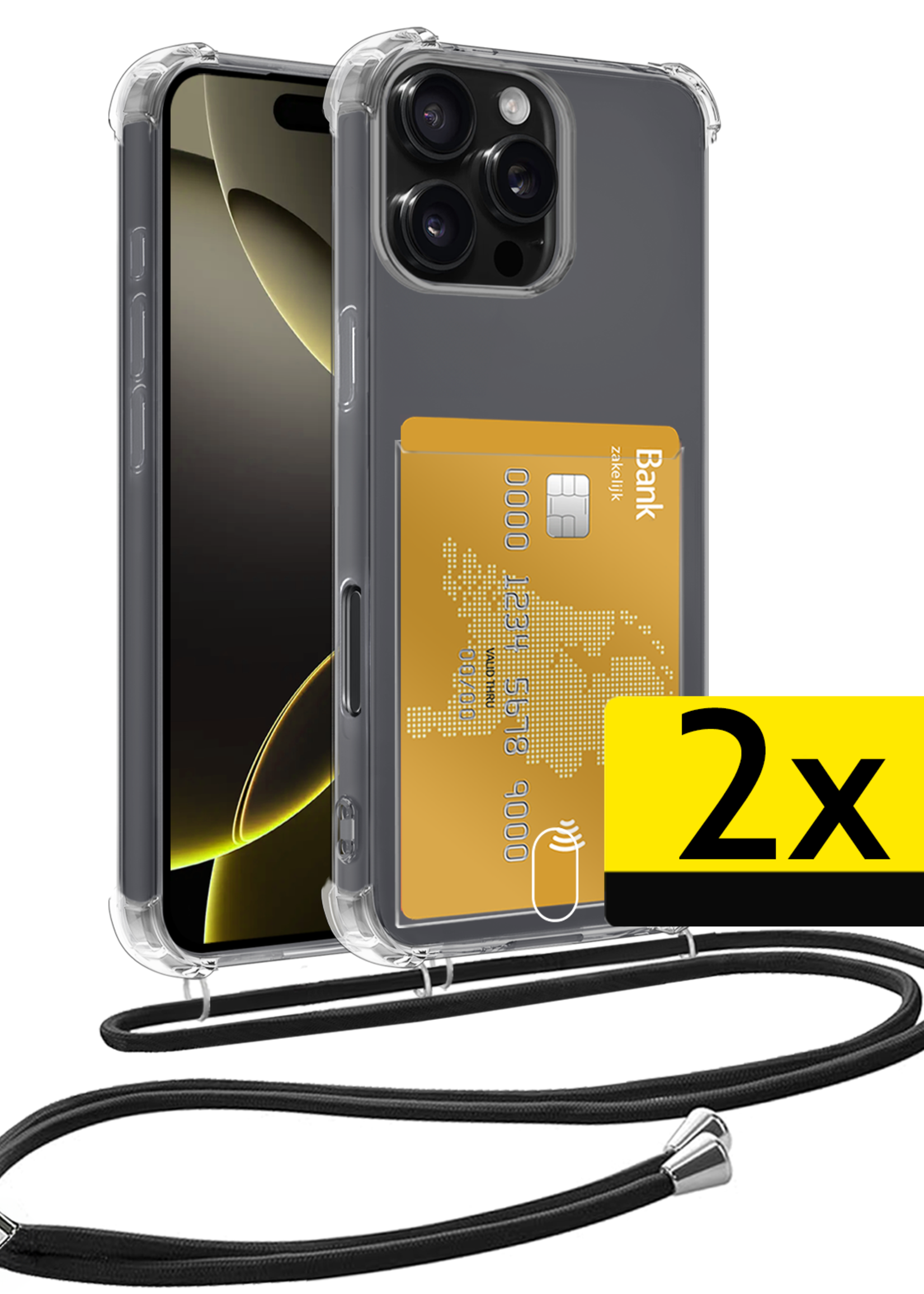 LUQ Hoesje Geschikt voor iPhone 16 Pro Telefoonhoesje Met Koord Case Pashouder Siliconen - Hoes Geschikt voor iPhone 16 Pro Hoesje Met Kaarthouder - Transparant - 2 Stuks