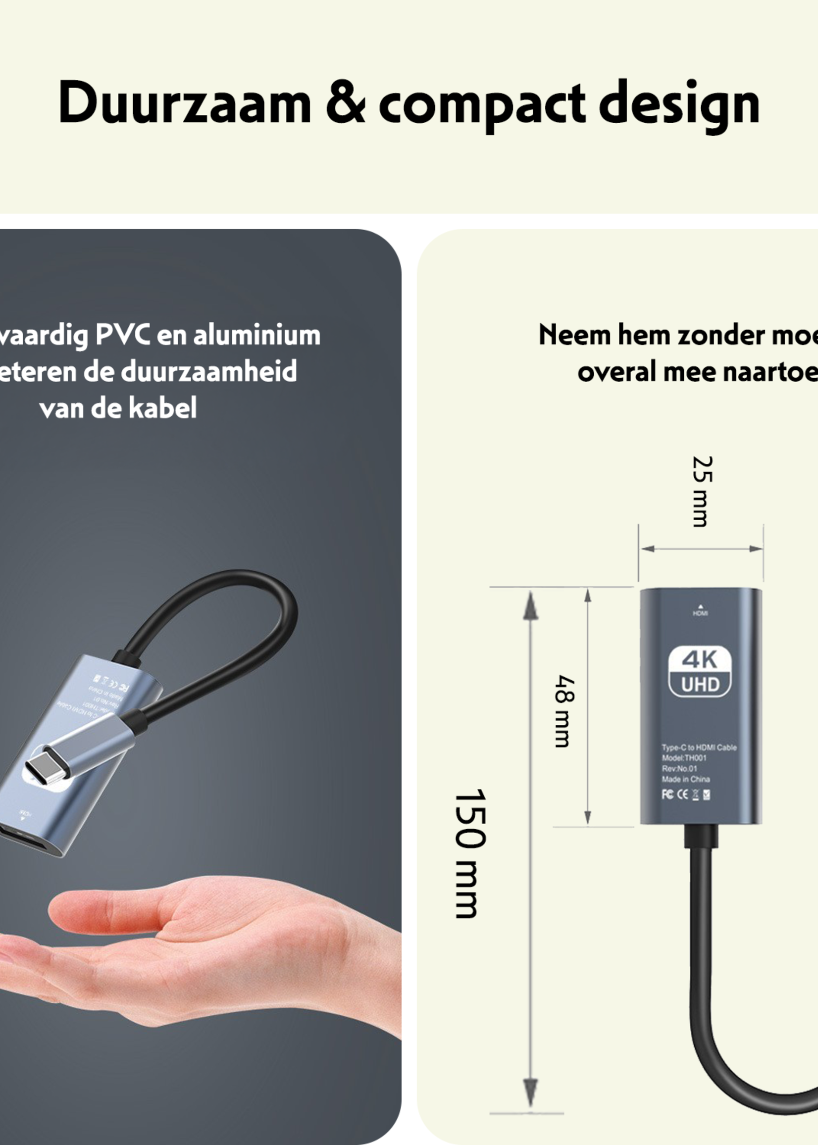 LUQ USB C naar HDMI Adapter 4K Resolutie - USBC naar HDMI Kabel 15cm Premium Kwaliteit - Zwart