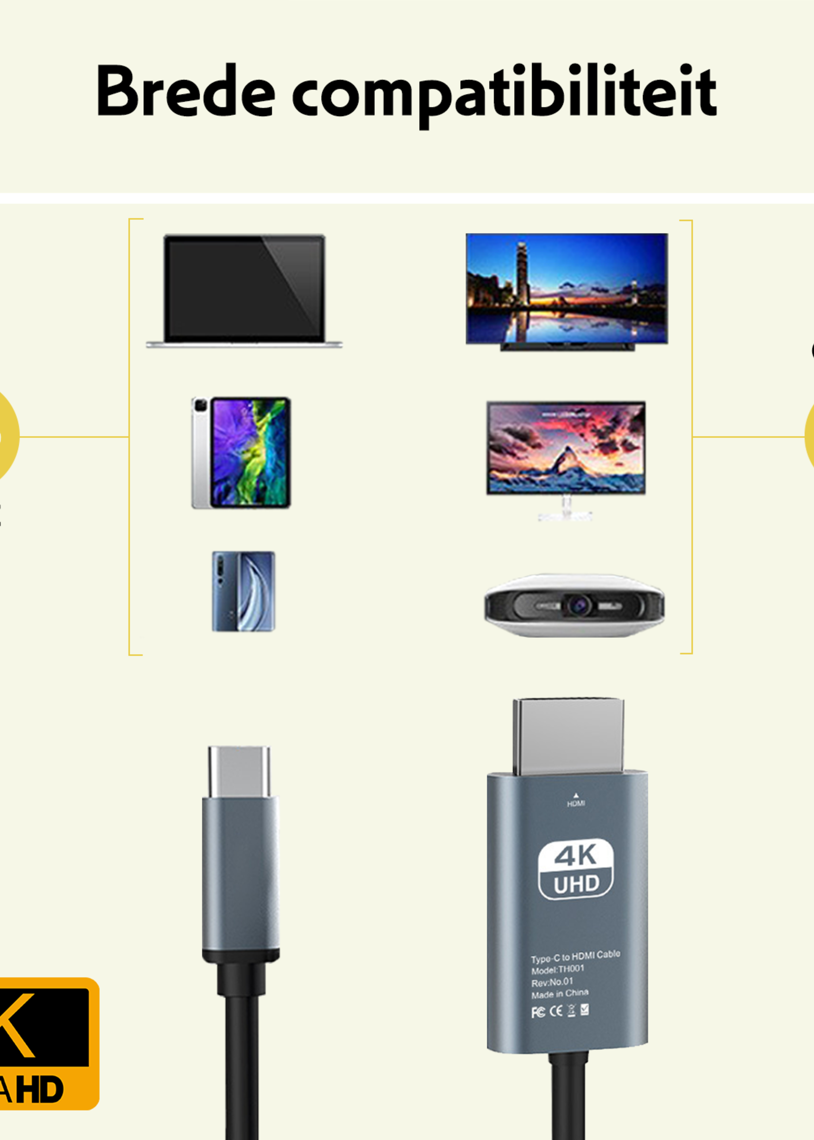 LUQ USB C naar HDMI Adapter 4K Resolutie - USBC naar HDMI Kabel 2 meter Premium Kwaliteit - Zwart