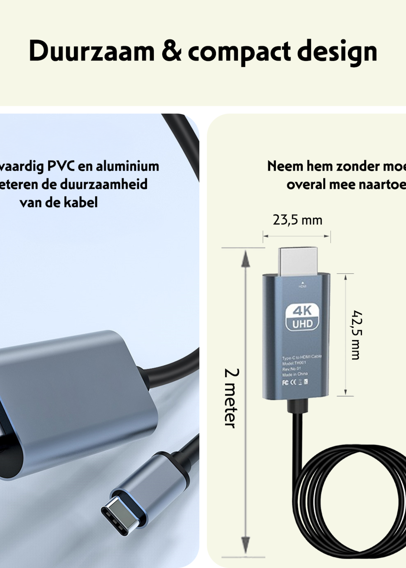 LUQ USB C naar HDMI Adapter 4K Resolutie - USBC naar HDMI Kabel 2 meter Premium Kwaliteit - Zwart