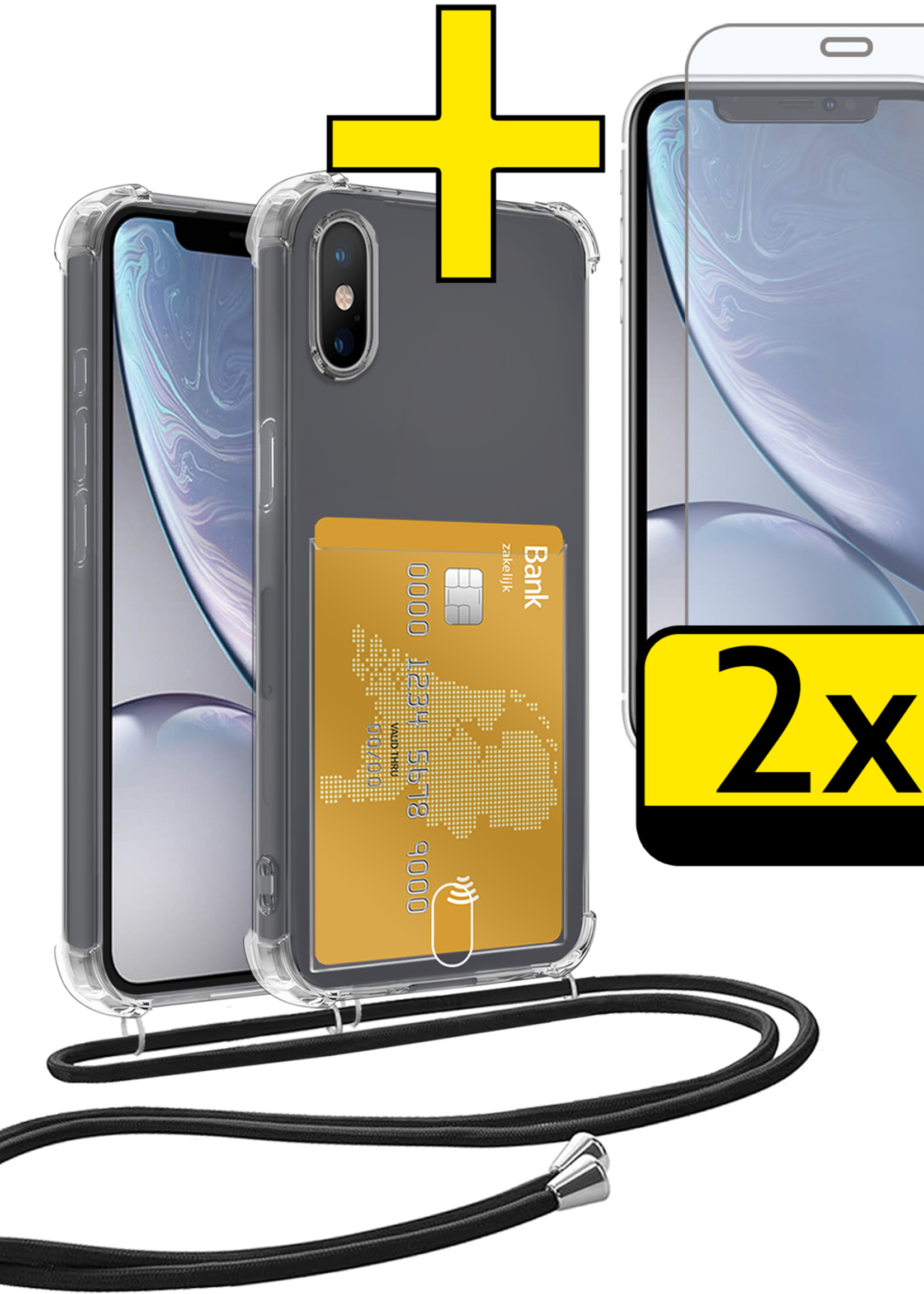 LUQ Hoesje Geschikt voor iPhone Xs Max Telefoonhoesje Met Koord Case Pashouder Met 2x Screenprotector Siliconen - Hoes Geschikt voor iPhone Xs Max Hoesje Met Kaarthouder - Transparant