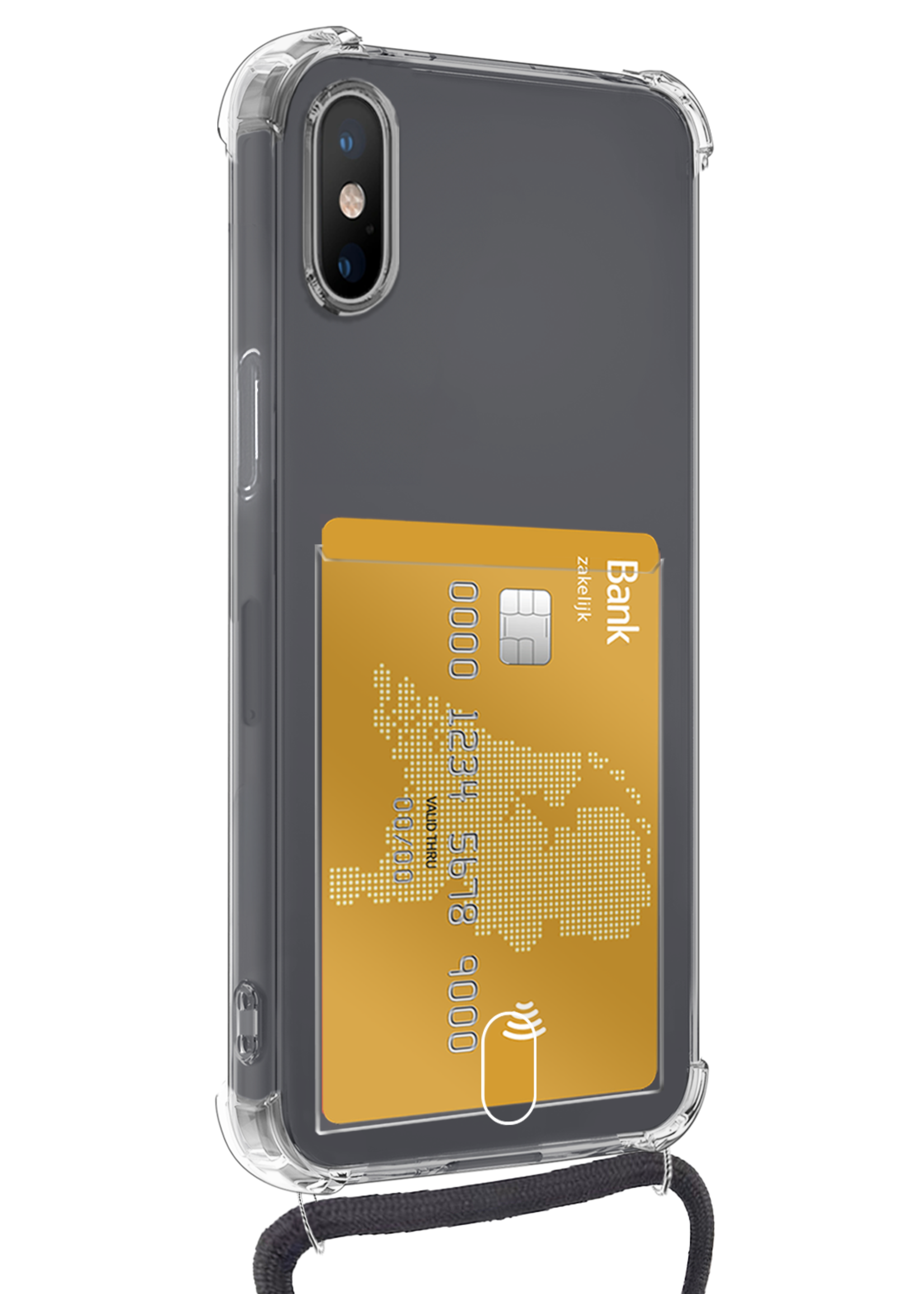 LUQ Hoesje Geschikt voor iPhone Xs Max Telefoonhoesje Met Koord Case Pashouder Met 2x Screenprotector Siliconen - Hoes Geschikt voor iPhone Xs Max Hoesje Met Kaarthouder - Transparant