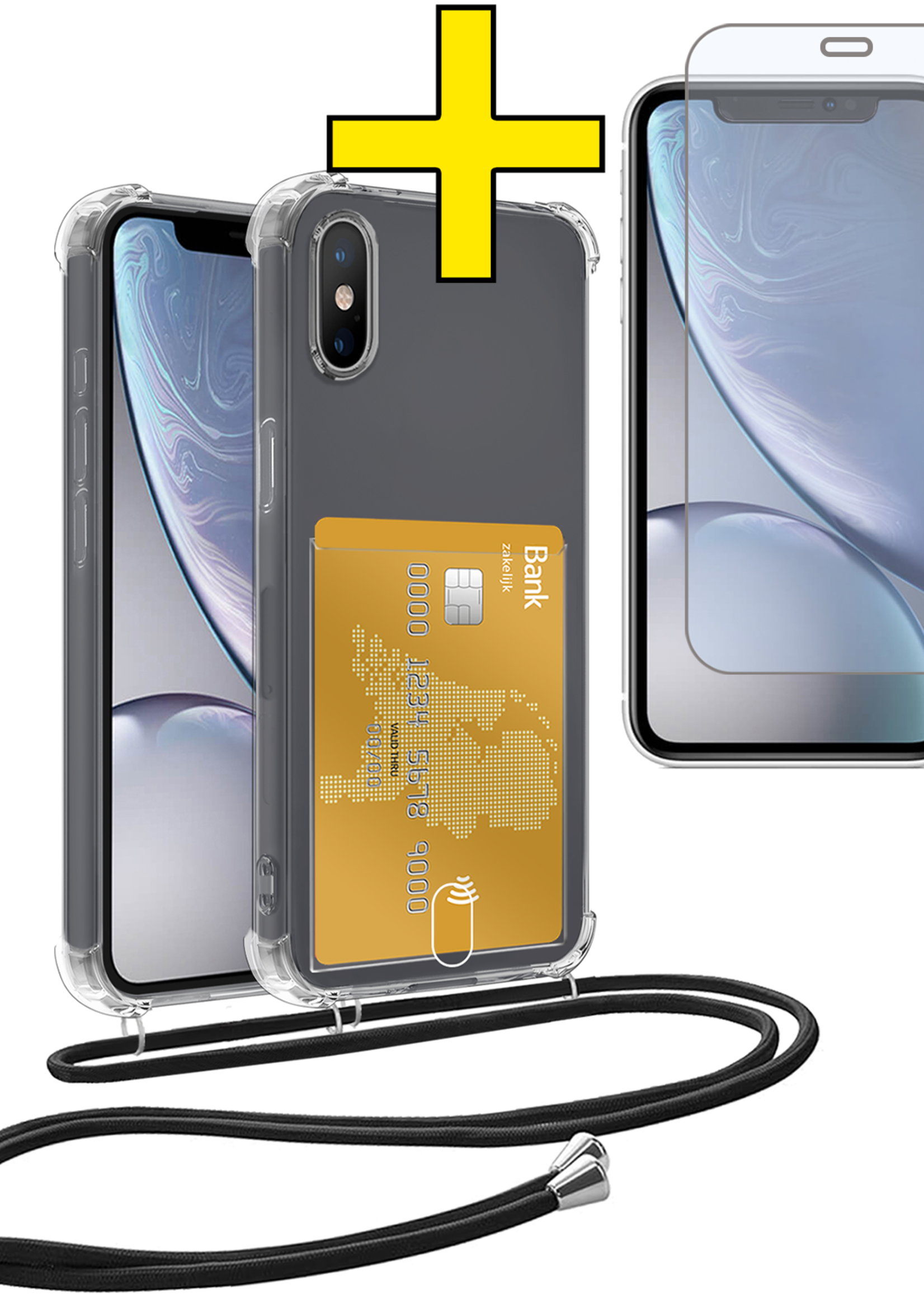 LUQ Hoesje Geschikt voor iPhone Xs Max Telefoonhoesje Met Koord Case Pashouder Met Screenprotector Siliconen - Hoes Geschikt voor iPhone Xs Max Hoesje Met Kaarthouder - Transparant