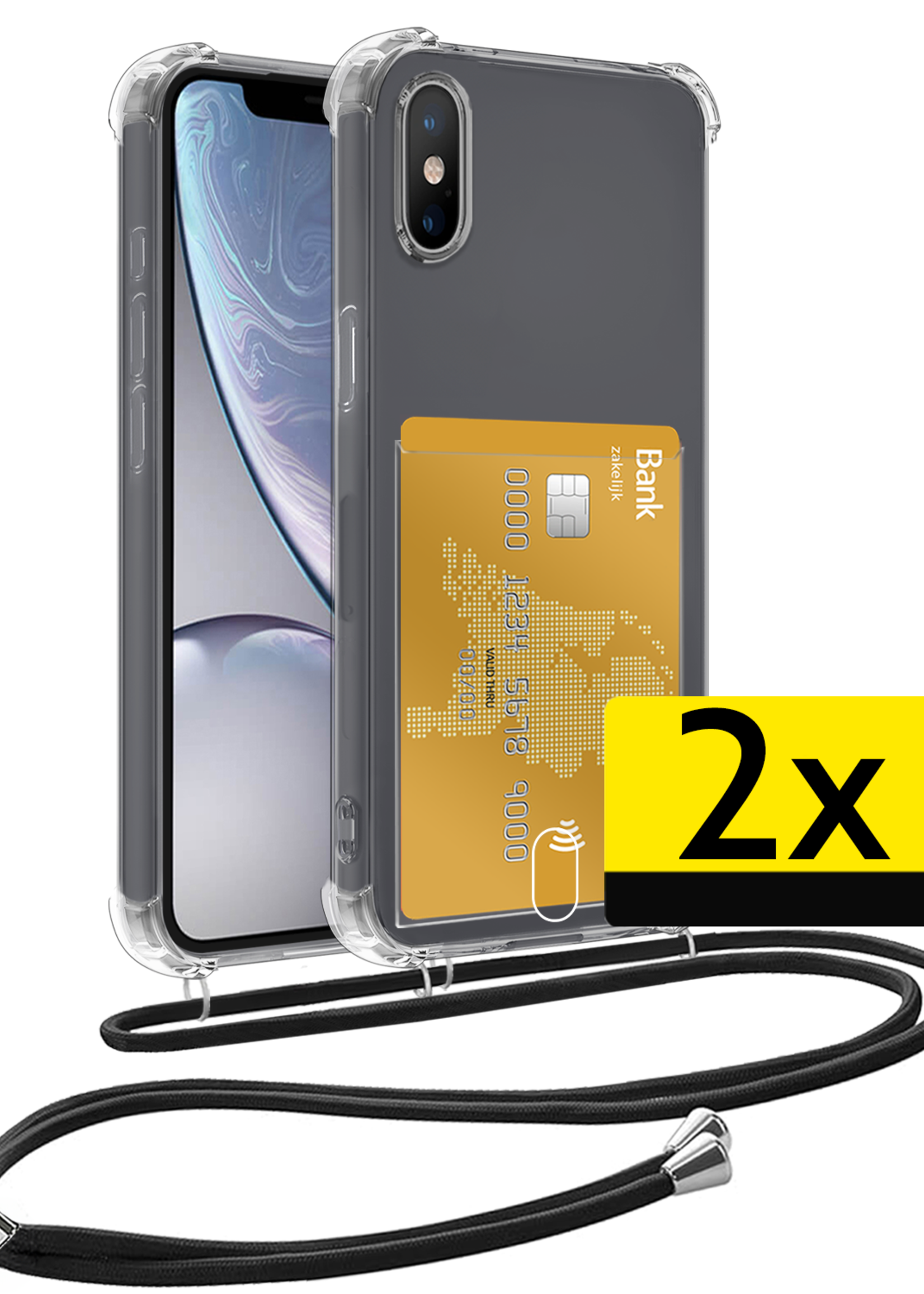 LUQ Hoesje Geschikt voor iPhone Xs Max Telefoonhoesje Met Koord Case Pashouder Siliconen - Hoes Geschikt voor iPhone Xs Max Hoesje Met Kaarthouder - Transparant - 2 Stuks