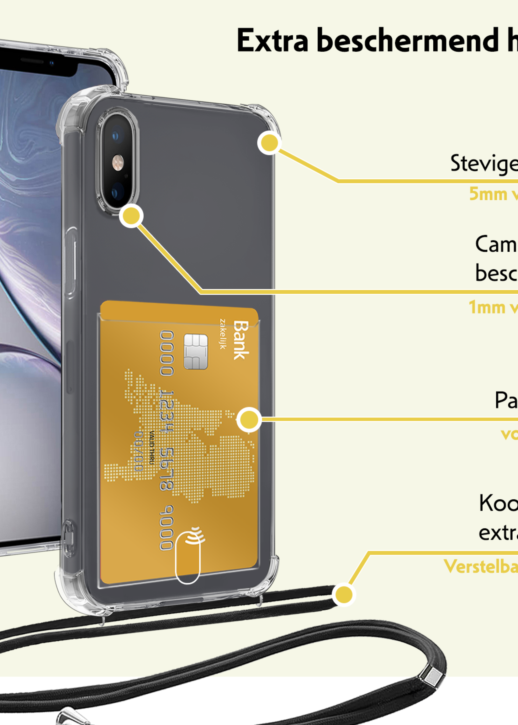 LUQ Hoesje Geschikt voor iPhone Xs Max Telefoonhoesje Met Koord Case Pashouder Siliconen - Hoes Geschikt voor iPhone Xs Max Hoesje Met Kaarthouder - Transparant - 2 Stuks