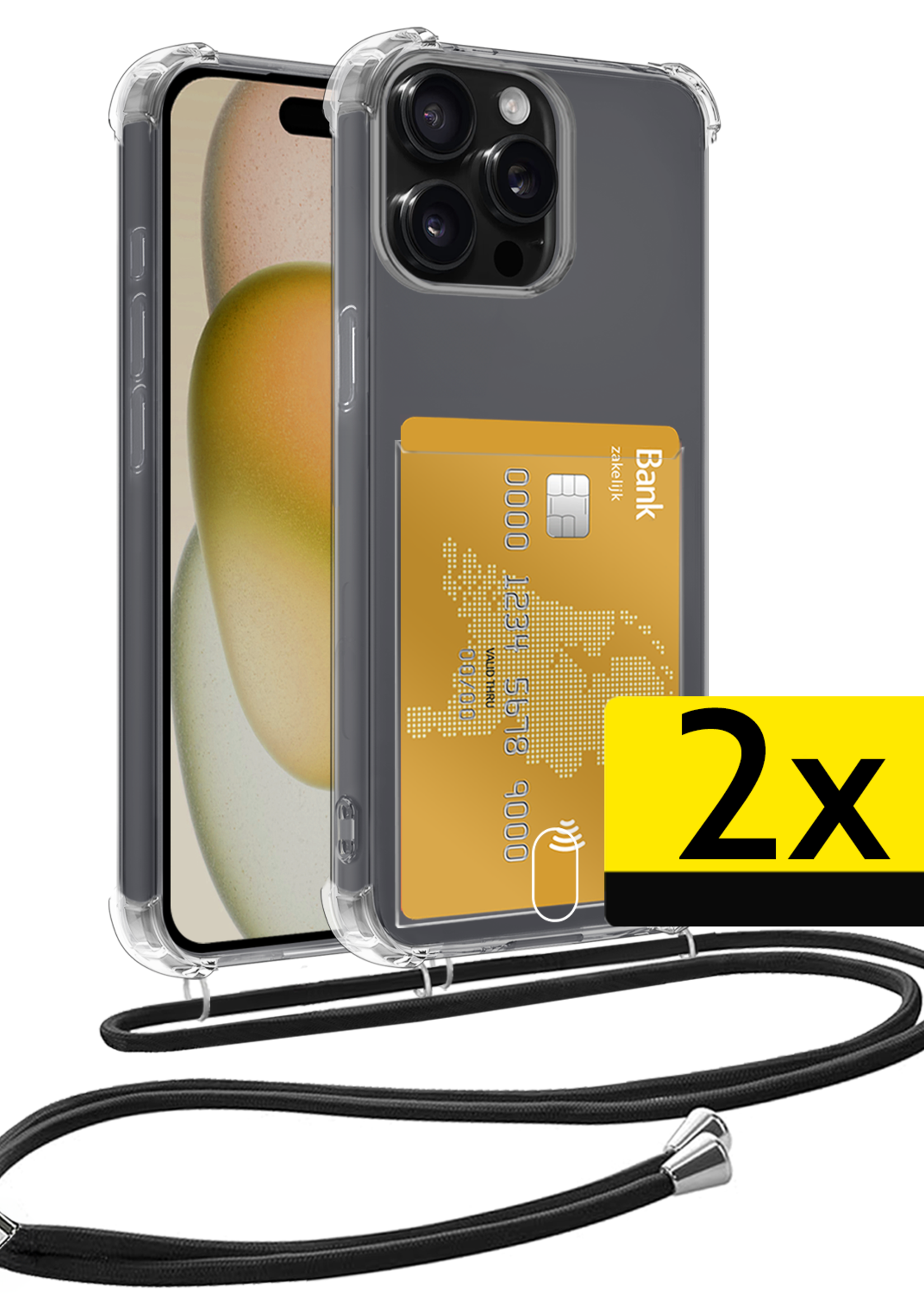 LUQ Hoesje Geschikt voor iPhone 12 Pro Max Telefoonhoesje Met Koord Case Pashouder Siliconen - Hoes Geschikt voor iPhone 12 Pro Max Hoesje Met Kaarthouder - Transparant - 2 Stuks