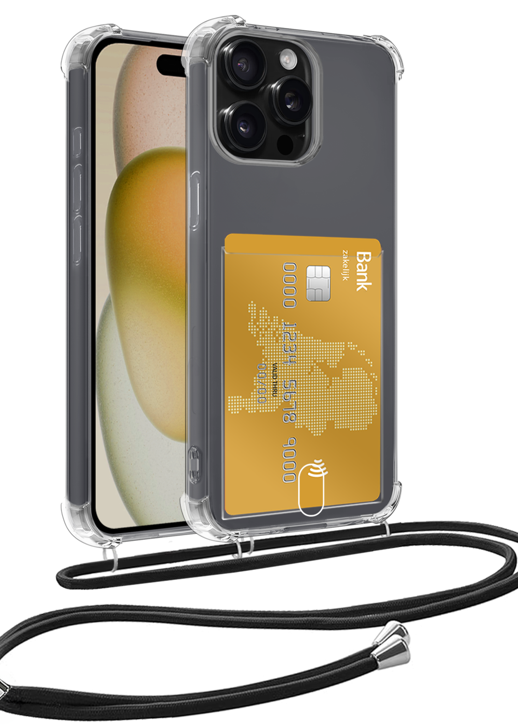 LUQ Hoesje Geschikt voor iPhone 12 Pro Max Telefoonhoesje Met Koord Case Pashouder Siliconen - Hoes Geschikt voor iPhone 12 Pro Max Hoesje Met Kaarthouder - Transparant