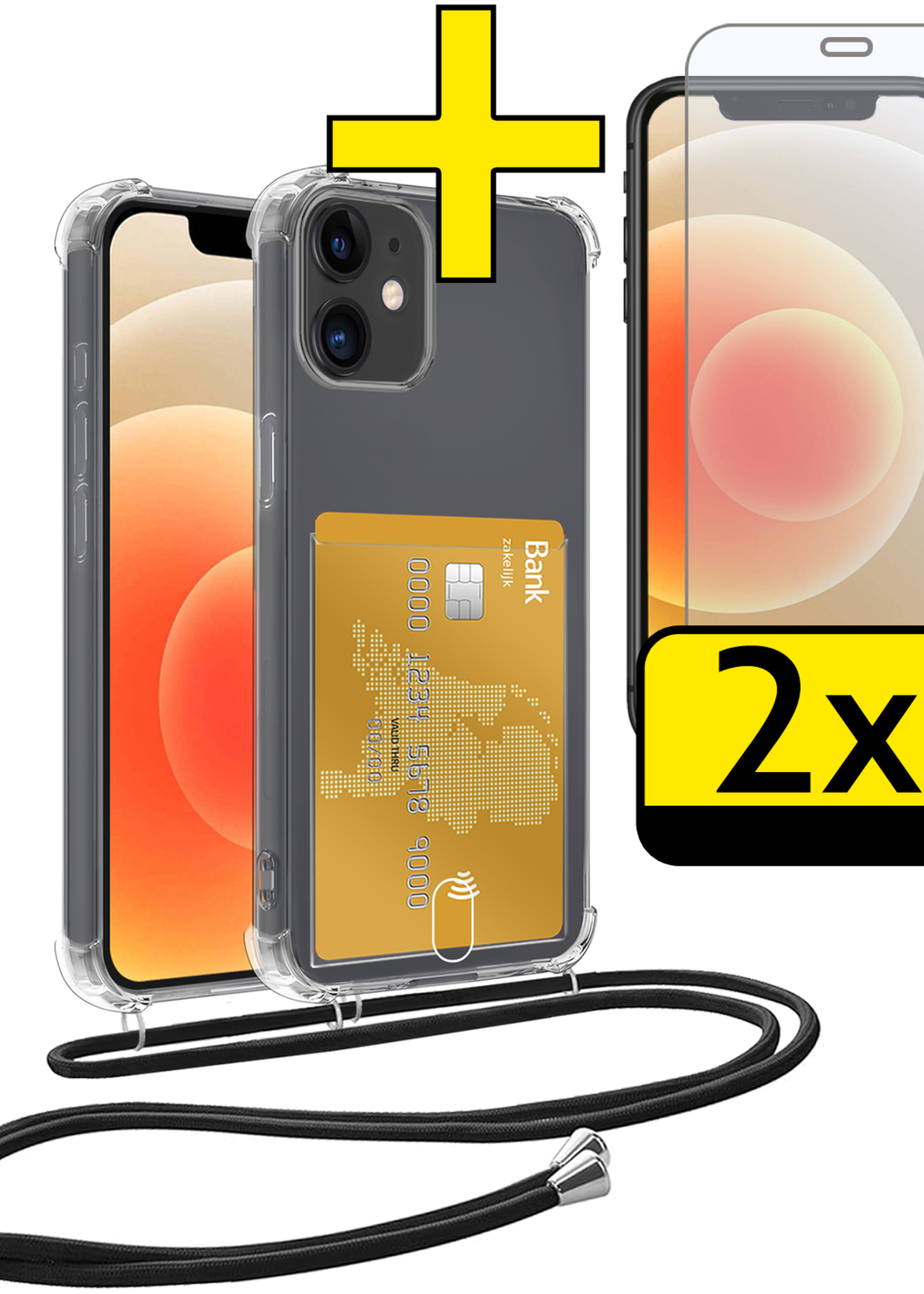 LUQ Hoesje Geschikt voor iPhone 12 Mini Telefoonhoesje Met Koord Case Pashouder Met 2x Screenprotector Siliconen - Hoes Geschikt voor iPhone 12 Mini Hoesje Met Kaarthouder - Transparant