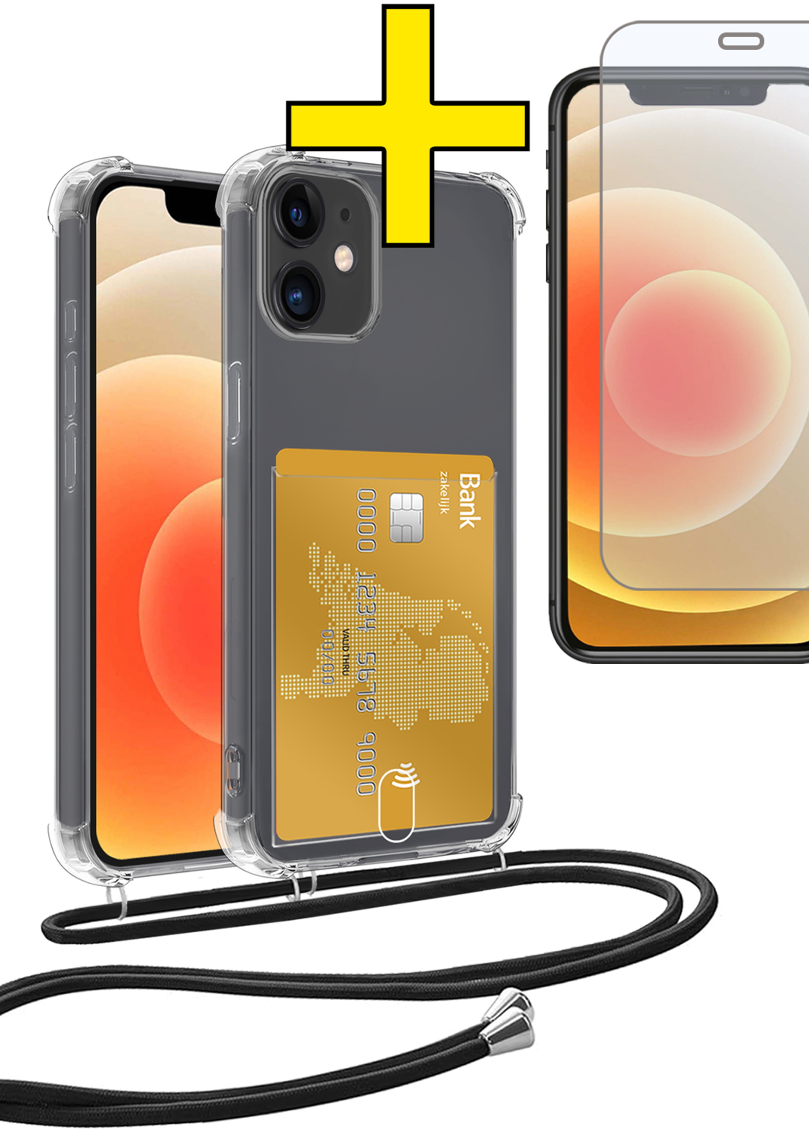 LUQ Hoesje Geschikt voor iPhone 12 Mini Telefoonhoesje Met Koord Case Pashouder Met Screenprotector Siliconen - Hoes Geschikt voor iPhone 12 Mini Hoesje Met Kaarthouder - Transparant