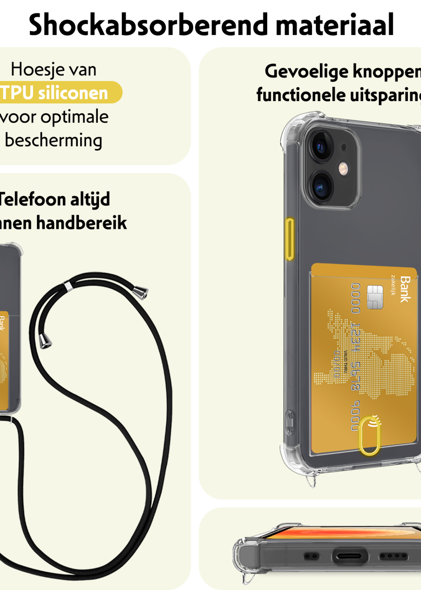 LUQ Hoesje Geschikt voor iPhone 12 Mini Telefoonhoesje Met Koord Case Pashouder Siliconen - Hoes Geschikt voor iPhone 12 Mini Hoesje Met Kaarthouder - Transparant - 2 Stuks