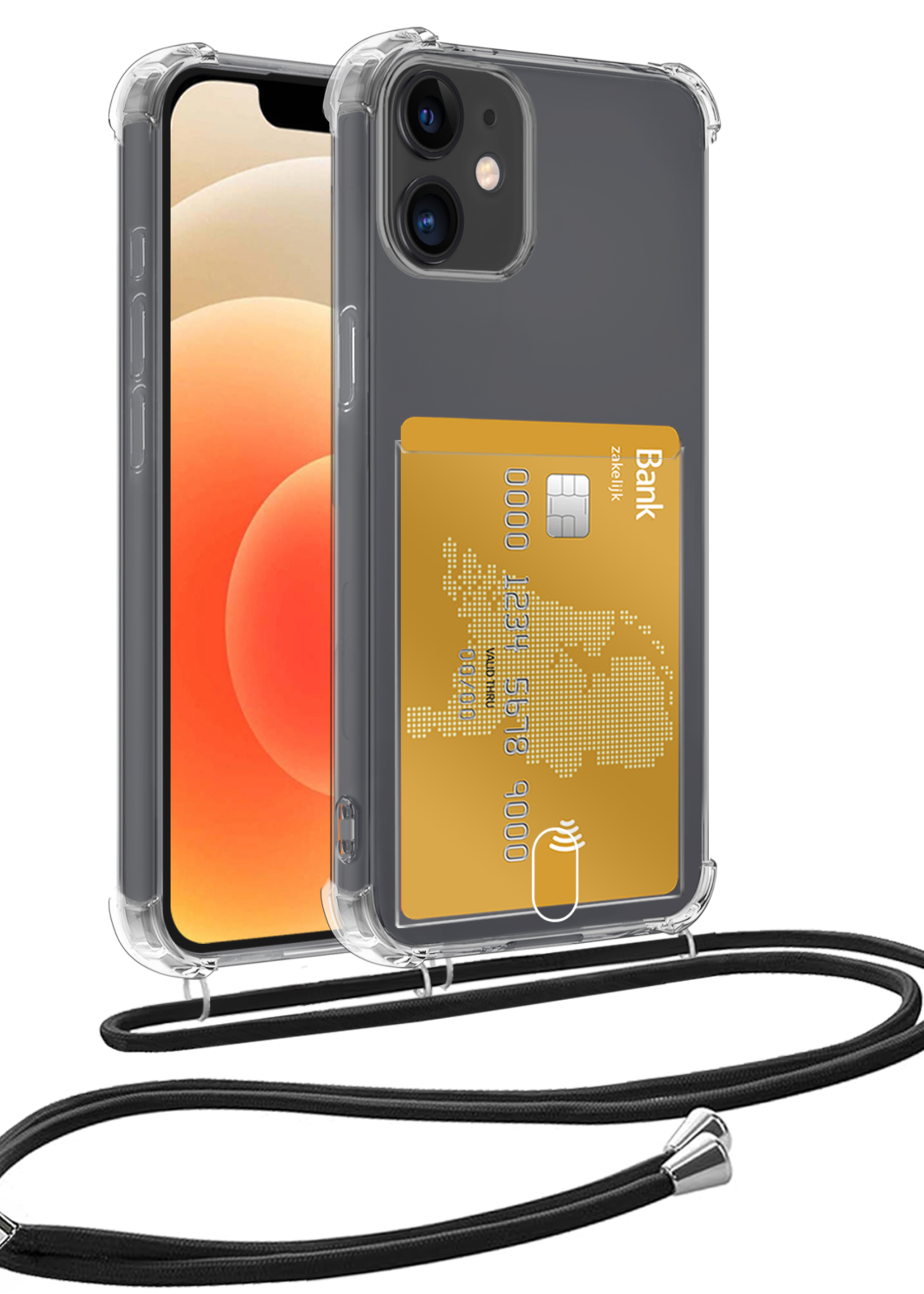 LUQ Hoesje Geschikt voor iPhone 12 Mini Telefoonhoesje Met Koord Case Pashouder Siliconen - Hoes Geschikt voor iPhone 12 Mini Hoesje Met Kaarthouder - Transparant