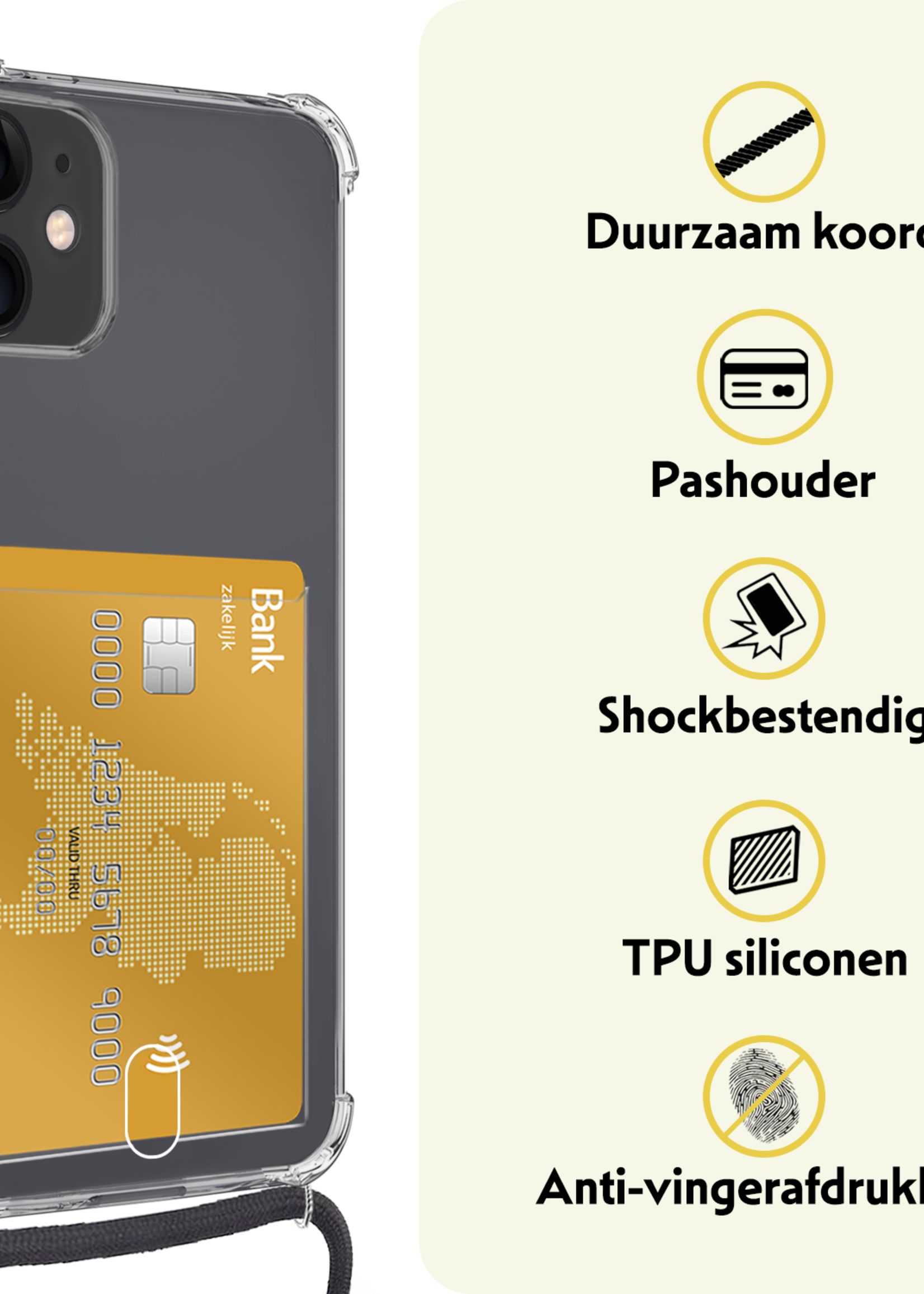 LUQ Hoesje Geschikt voor iPhone 12 Mini Telefoonhoesje Met Koord Case Pashouder Siliconen - Hoes Geschikt voor iPhone 12 Mini Hoesje Met Kaarthouder - Transparant