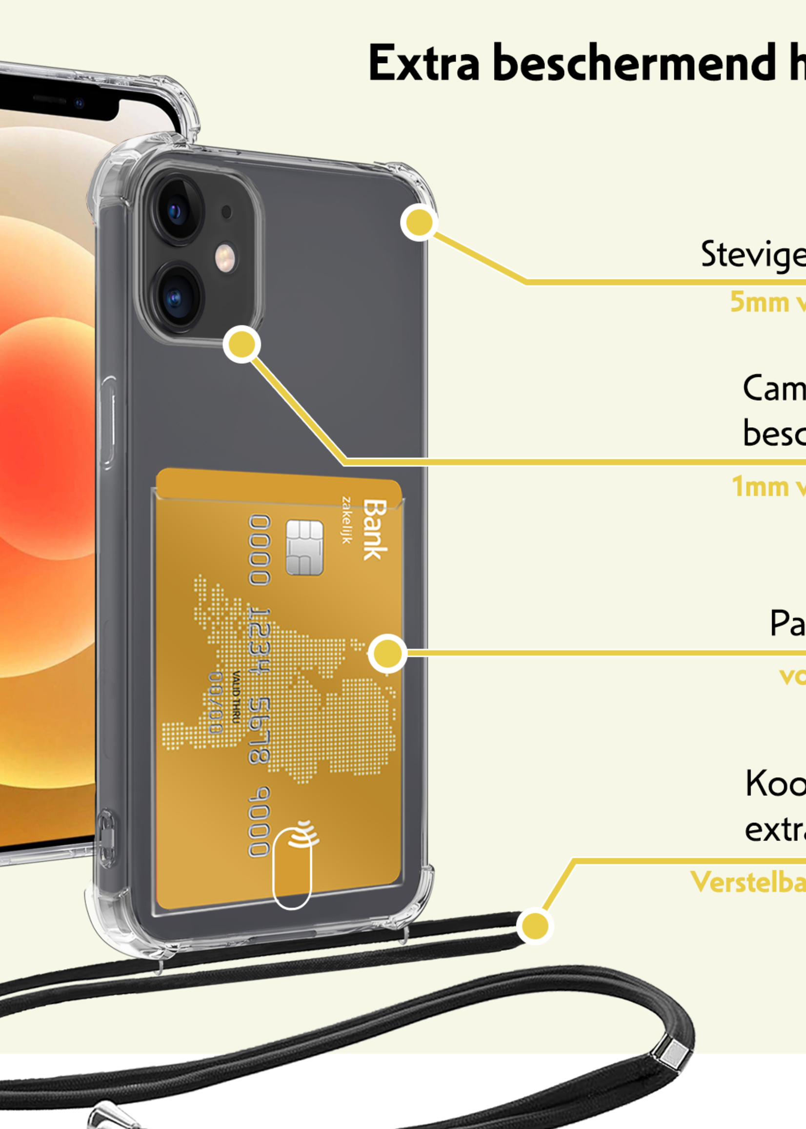 LUQ Hoesje Geschikt voor iPhone 12 Telefoonhoesje Met Koord Case Pashouder Met 2x Screenprotector Siliconen - Hoes Geschikt voor iPhone 12 Hoesje Met Kaarthouder - Transparant