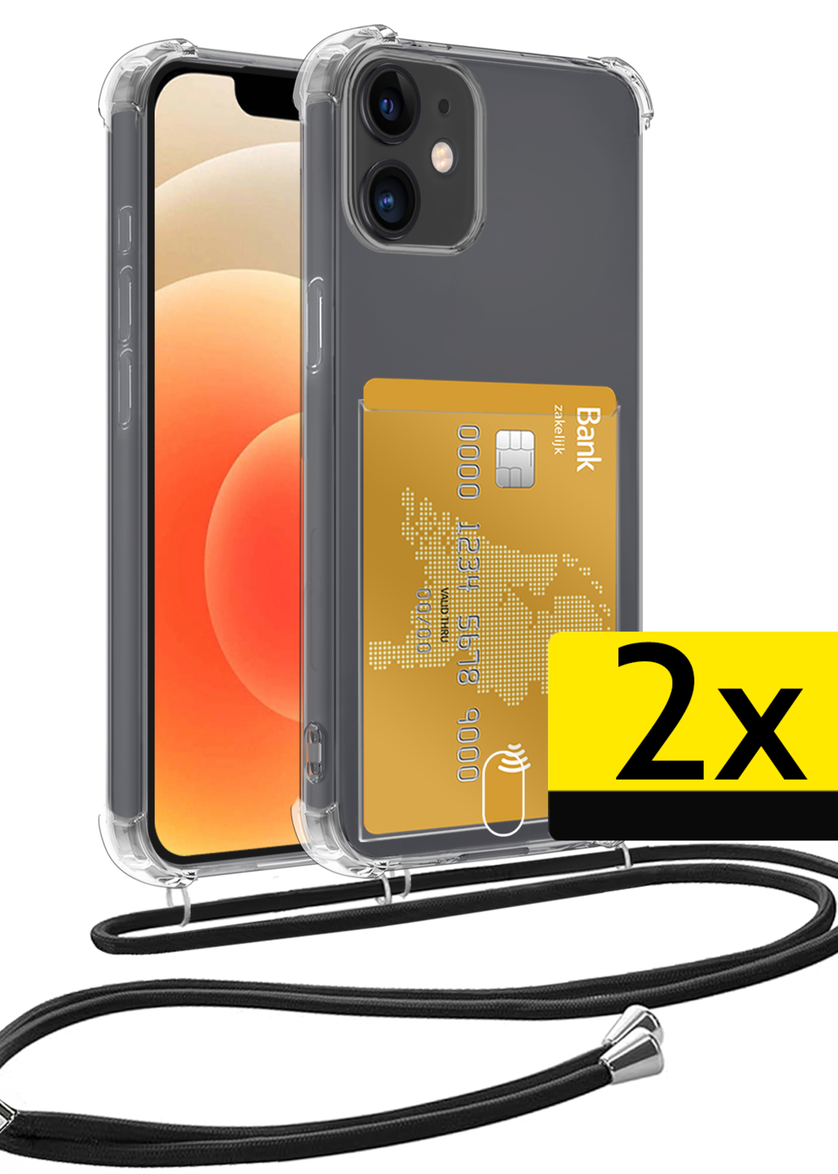 LUQ Hoesje Geschikt voor iPhone 12 Telefoonhoesje Met Koord Case Pashouder Siliconen - Hoes Geschikt voor iPhone 12 Hoesje Met Kaarthouder - Transparant - 2 Stuks