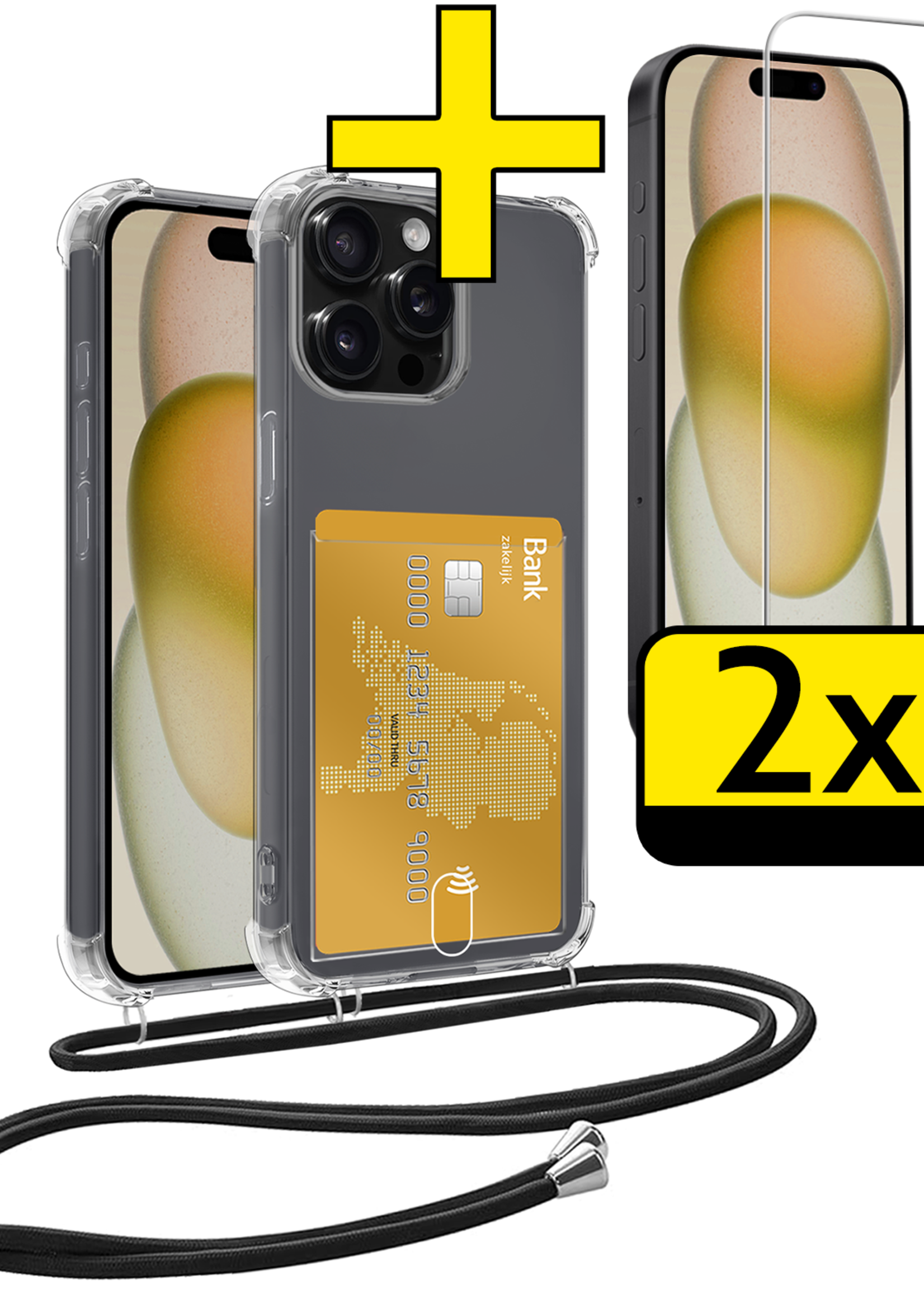 LUQ Hoesje Geschikt voor iPhone 13 Pro Telefoonhoesje Met Koord Case Pashouder Met 2x Screenprotector Siliconen - Hoes Geschikt voor iPhone 13 Pro Hoesje Met Kaarthouder - Transparant