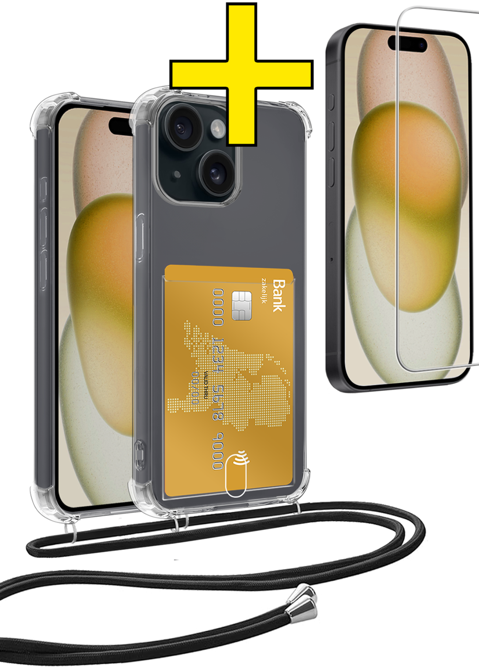 LUQ Hoesje Geschikt voor iPhone 13 Mini Telefoonhoesje Met Koord Case Pashouder Met Screenprotector Siliconen - Hoes Geschikt voor iPhone 13 Mini Hoesje Met Kaarthouder - Transparant