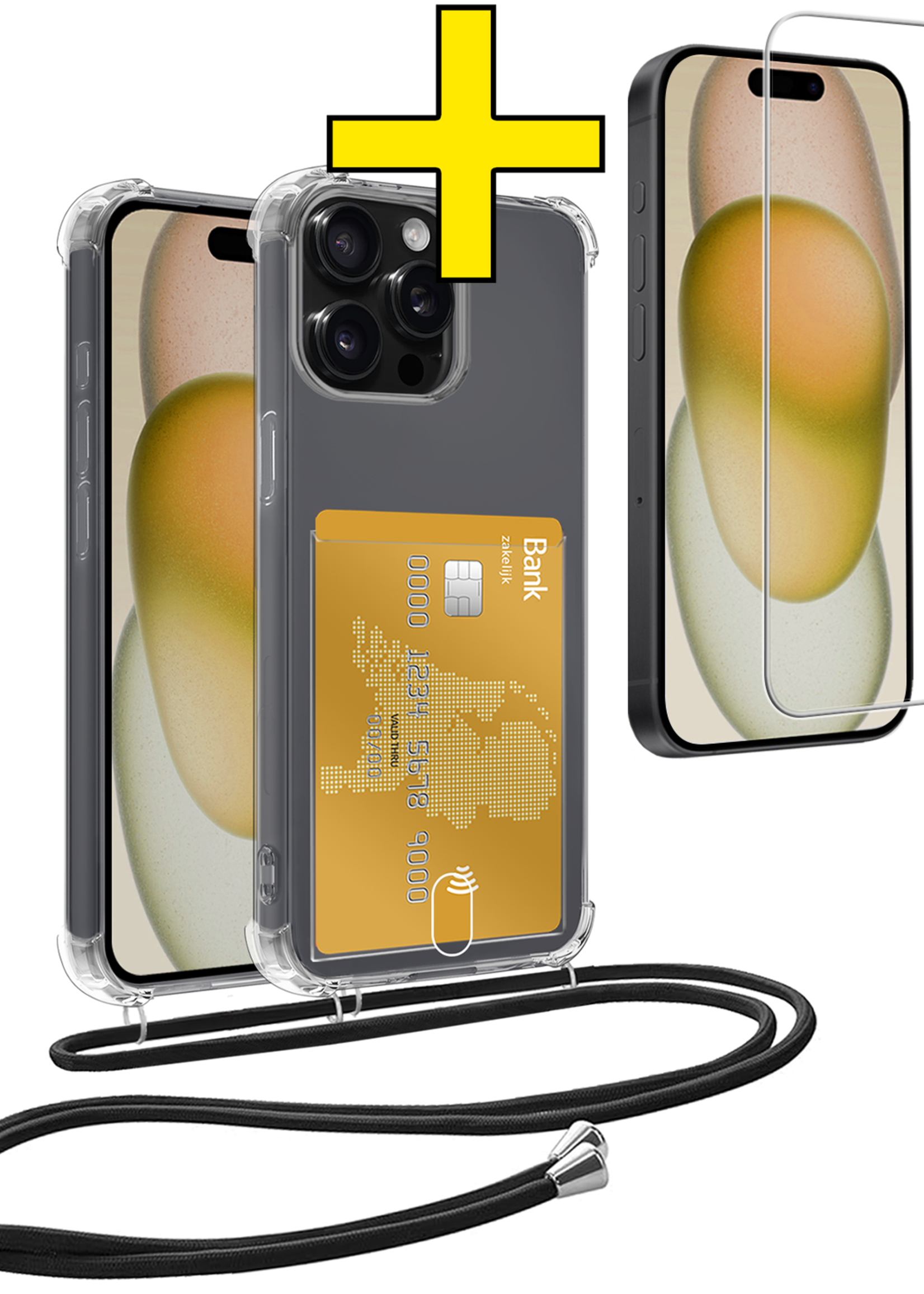 LUQ Hoesje Geschikt voor iPhone 14 Pro Telefoonhoesje Met Koord Case Pashouder Met Screenprotector Siliconen - Hoes Geschikt voor iPhone 14 Pro Hoesje Met Kaarthouder - Transparant