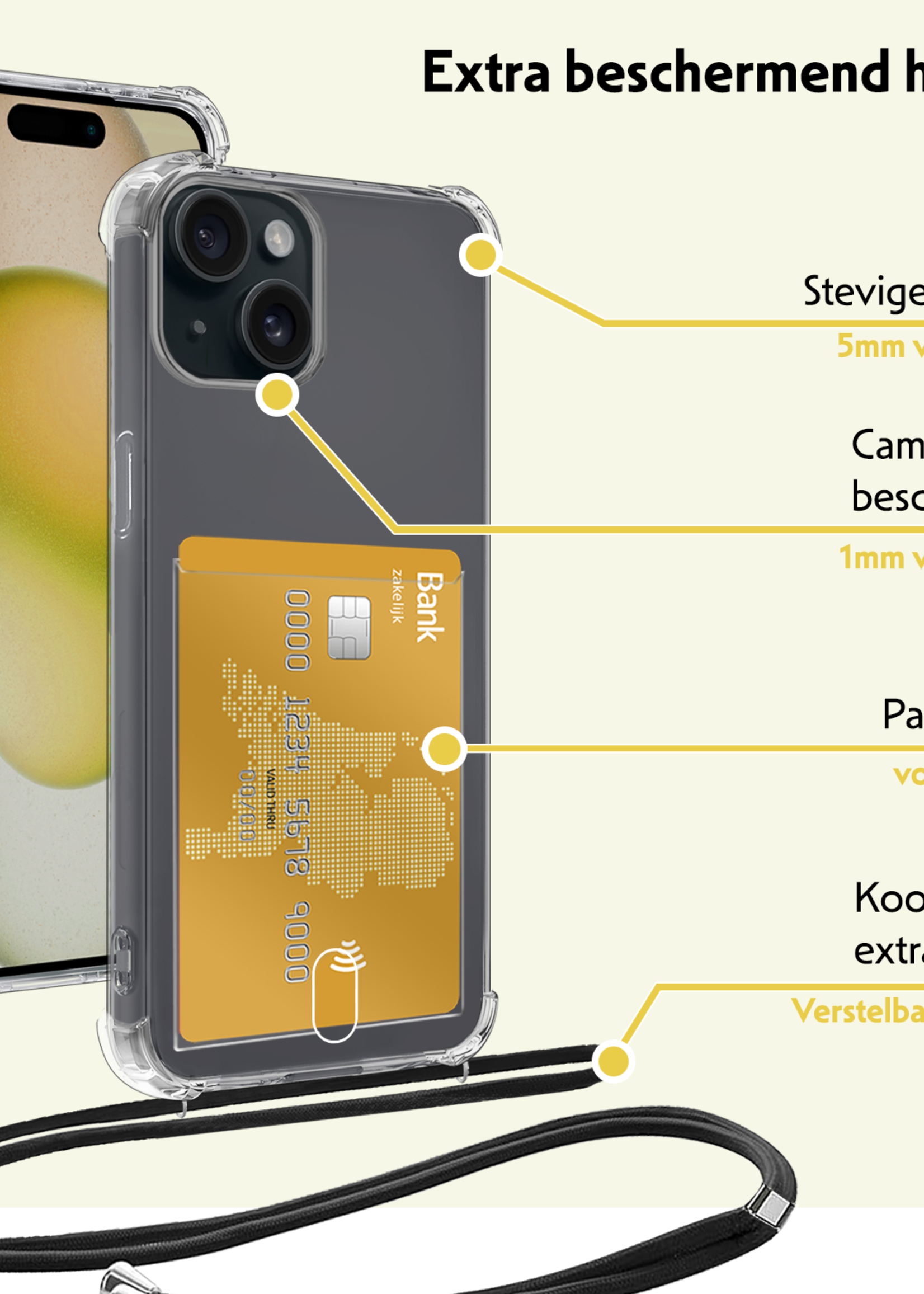 LUQ Hoesje Geschikt voor iPhone 14 Telefoonhoesje Met Koord Case Pashouder Met 2x Screenprotector Siliconen - Hoes Geschikt voor iPhone 14 Hoesje Met Kaarthouder - Transparant