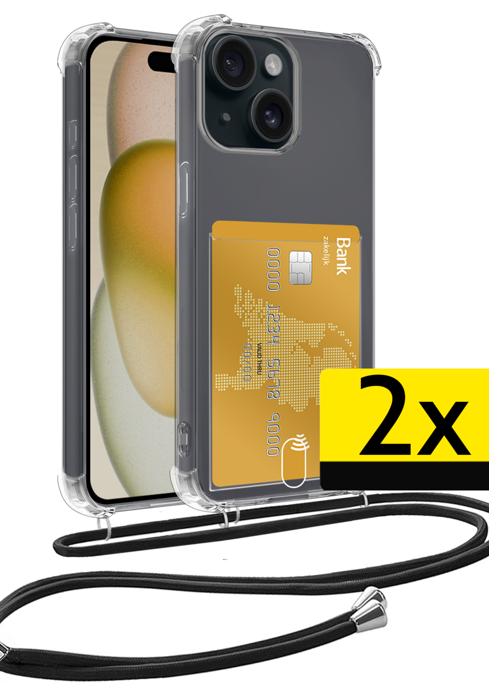 LUQ Hoesje Geschikt voor iPhone 14 Telefoonhoesje Met Koord Case Pashouder Siliconen - Hoes Geschikt voor iPhone 14 Hoesje Met Kaarthouder - Transparant - 2 Stuks