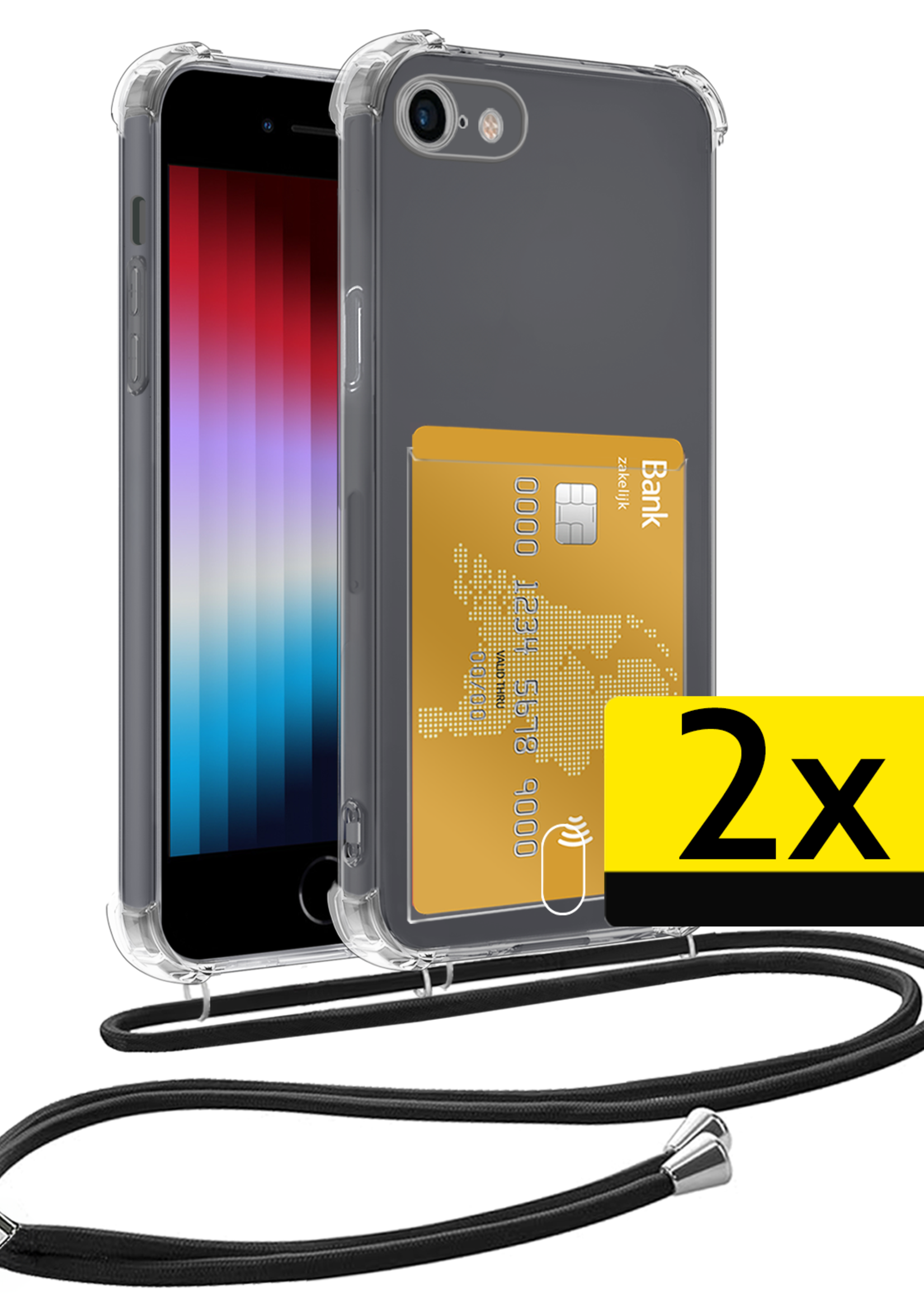 LUQ Hoesje Geschikt voor iPhone 7 Telefoonhoesje Met Koord Case Pashouder Siliconen - Hoes Geschikt voor iPhone 7 Hoesje Met Kaarthouder - Transparant - 2 Stuks