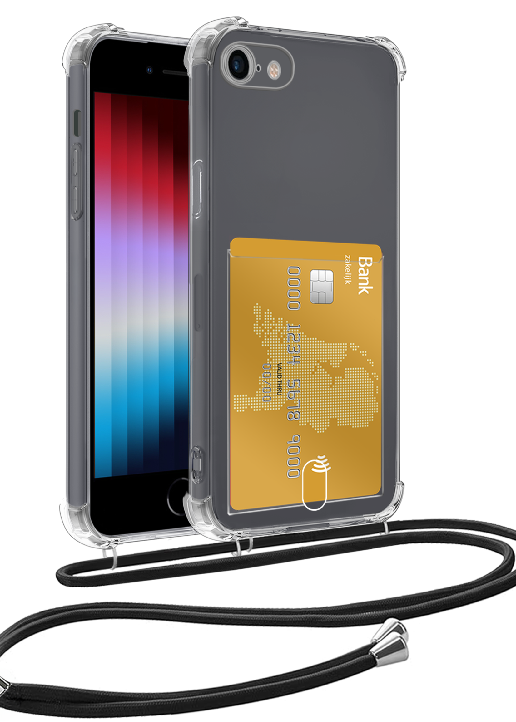 LUQ Hoesje Geschikt voor iPhone 8 Telefoonhoesje Met Koord Case Pashouder Siliconen - Hoes Geschikt voor iPhone 8 Hoesje Met Kaarthouder - Transparant