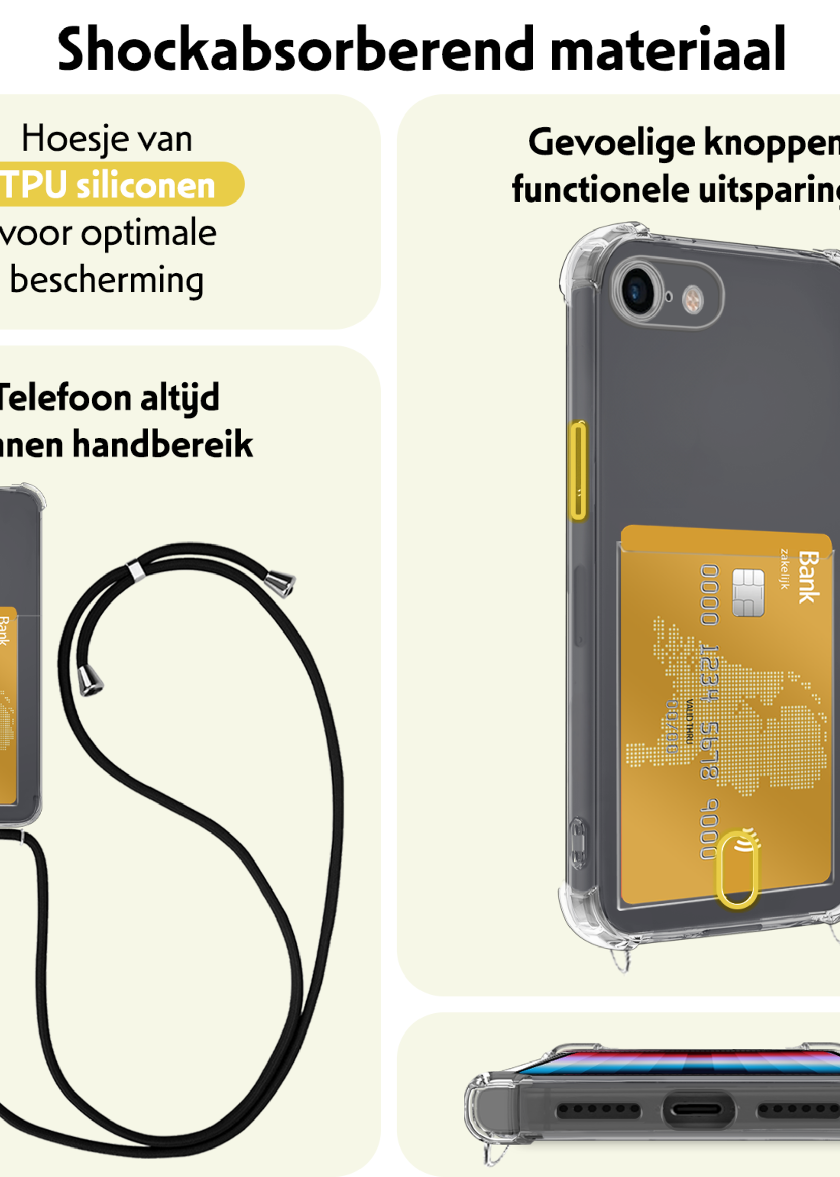 LUQ Hoesje Geschikt voor iPhone 8 Telefoonhoesje Met Koord Case Pashouder Met Screenprotector Siliconen - Hoes Geschikt voor iPhone 8 Hoesje Met Kaarthouder - Transparant