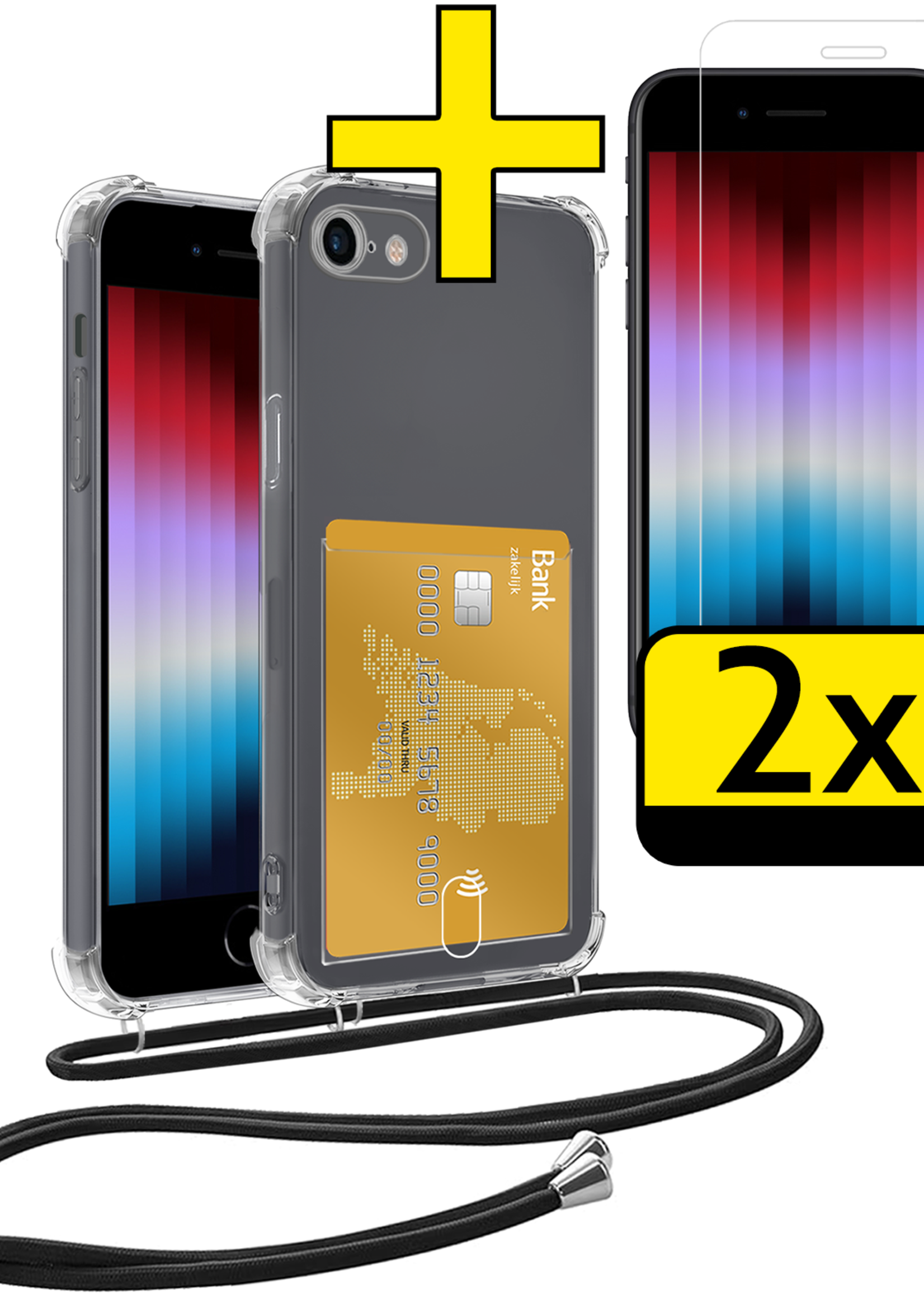 LUQ Hoesje Geschikt voor iPhone SE 2020 Telefoonhoesje Met Koord Case Pashouder Met 2x Screenprotector Siliconen - Hoes Geschikt voor iPhone SE (2020) Hoesje Met Kaarthouder - Transparant