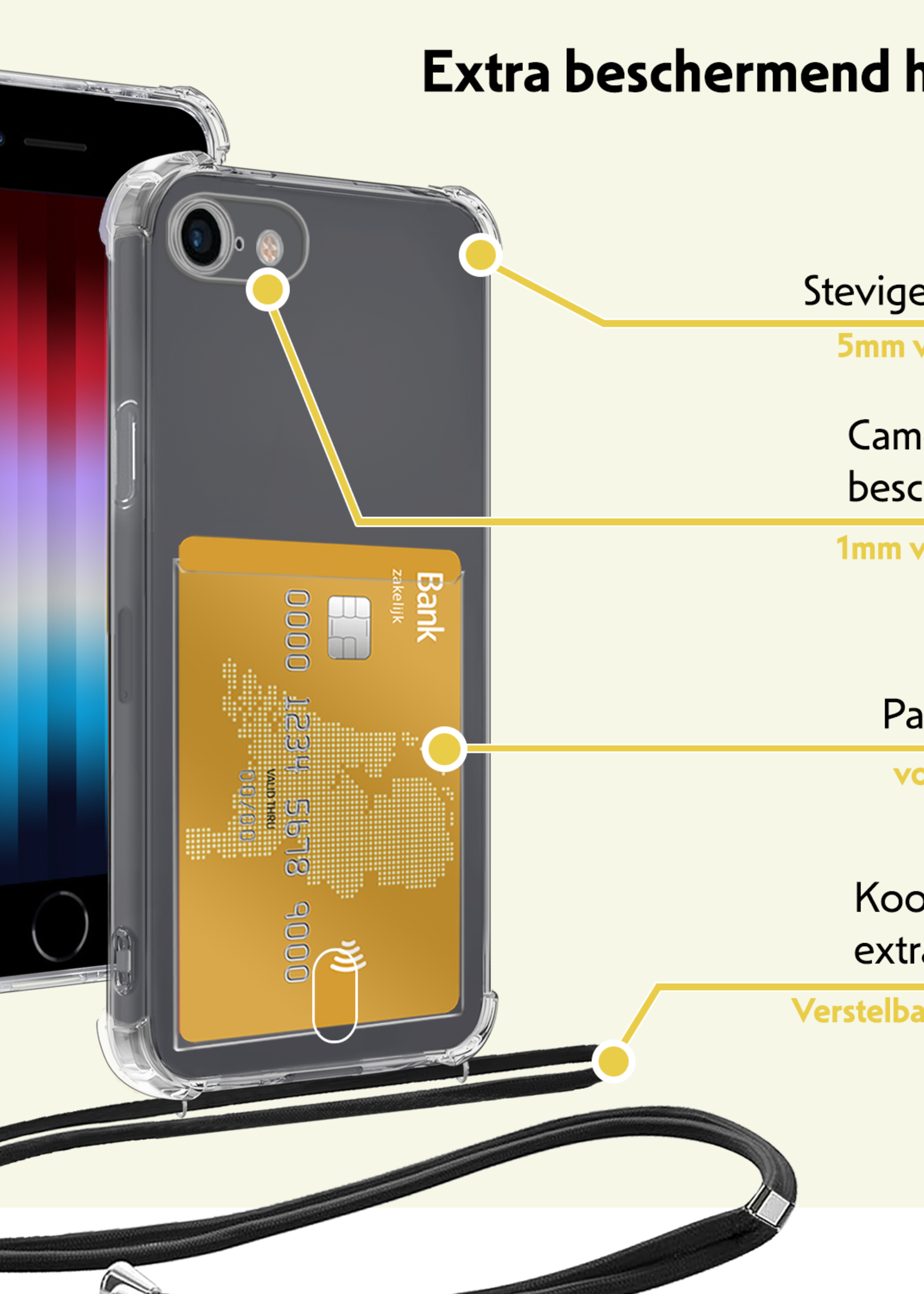 LUQ Hoesje Geschikt voor iPhone SE 2022 Telefoonhoesje Met Koord Case Pashouder Siliconen - Hoes Geschikt voor iPhone SE (2022) Hoesje Met Kaarthouder - Transparant - 2 Stuks