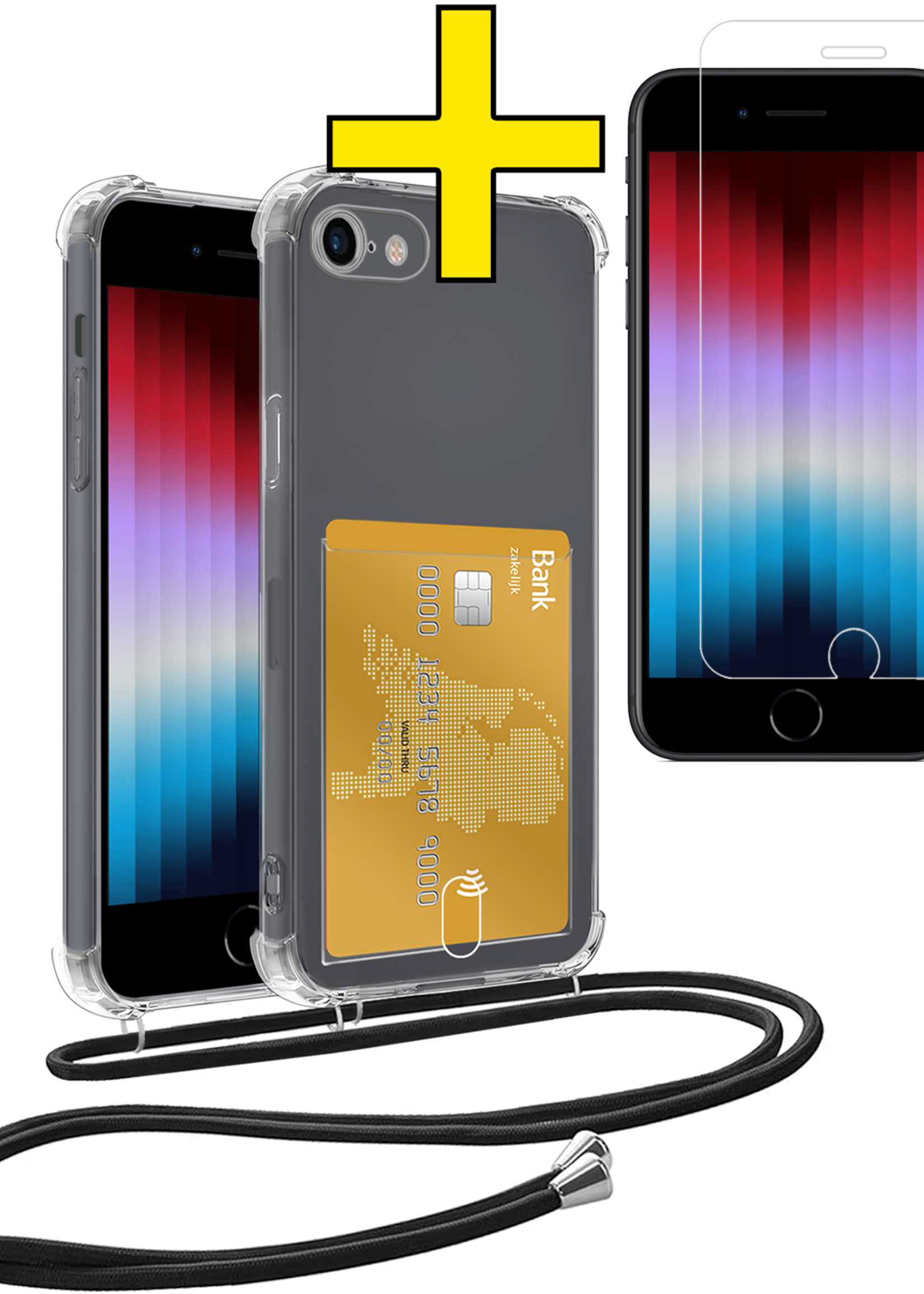 LUQ Hoesje Geschikt voor iPhone SE 2022 Telefoonhoesje Met Koord Case Pashouder Met Screenprotector Siliconen - Hoes Geschikt voor iPhone SE (2022) Hoesje Met Kaarthouder - Transparant