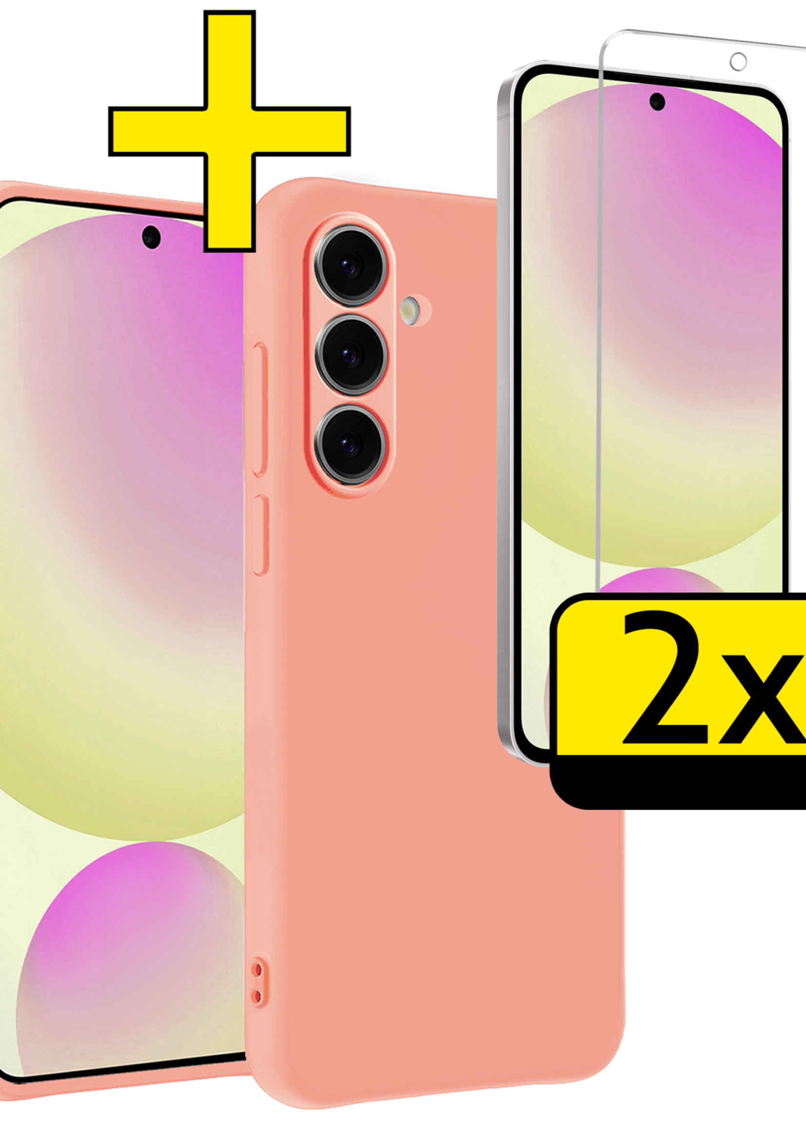 LUQ Hoesje Geschikt voor Samsung S24 FE Hoesje Siliconen Case Met 2x Screenprotector - Hoes Geschikt voor Samsung Galaxy S24 FE Hoes Siliconen - Perzik