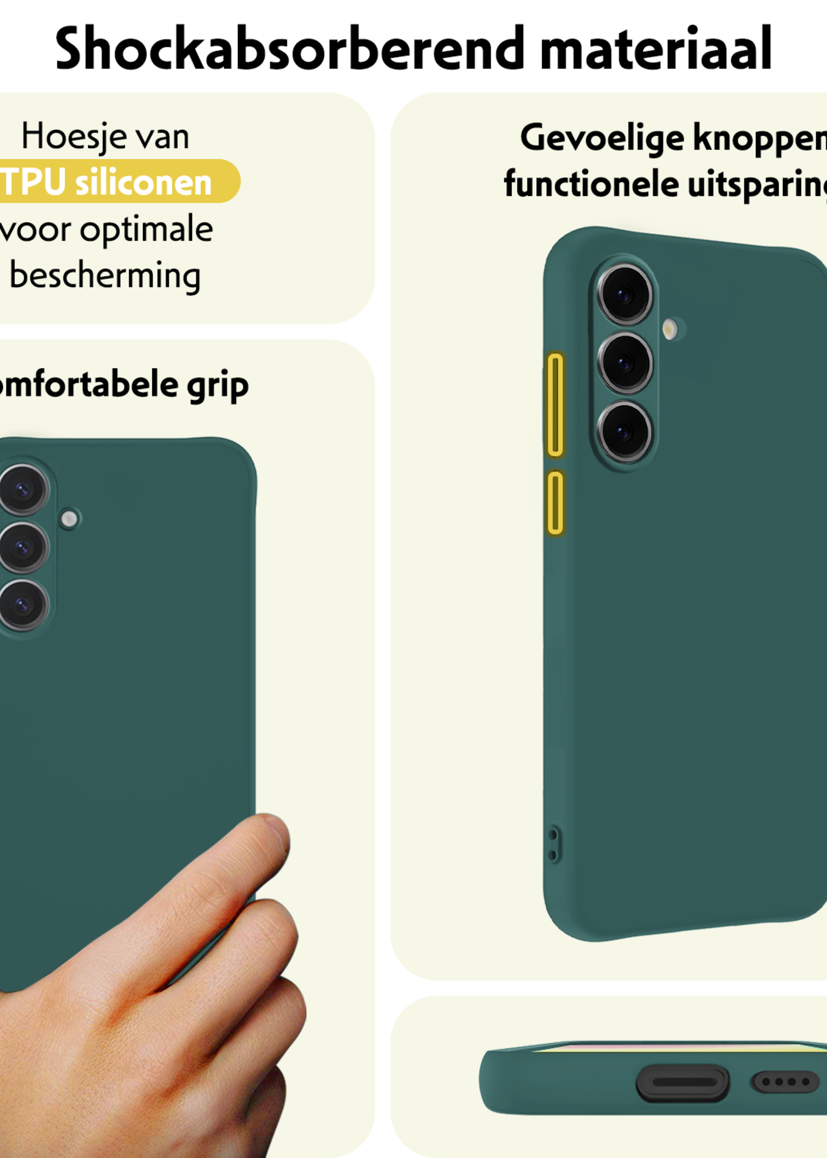 LUQ Hoesje Geschikt voor Samsung S24 FE Hoesje Siliconen Case Met 2x Screenprotector - Hoes Geschikt voor Samsung Galaxy S24 FE Hoes Siliconen - Donkergroen