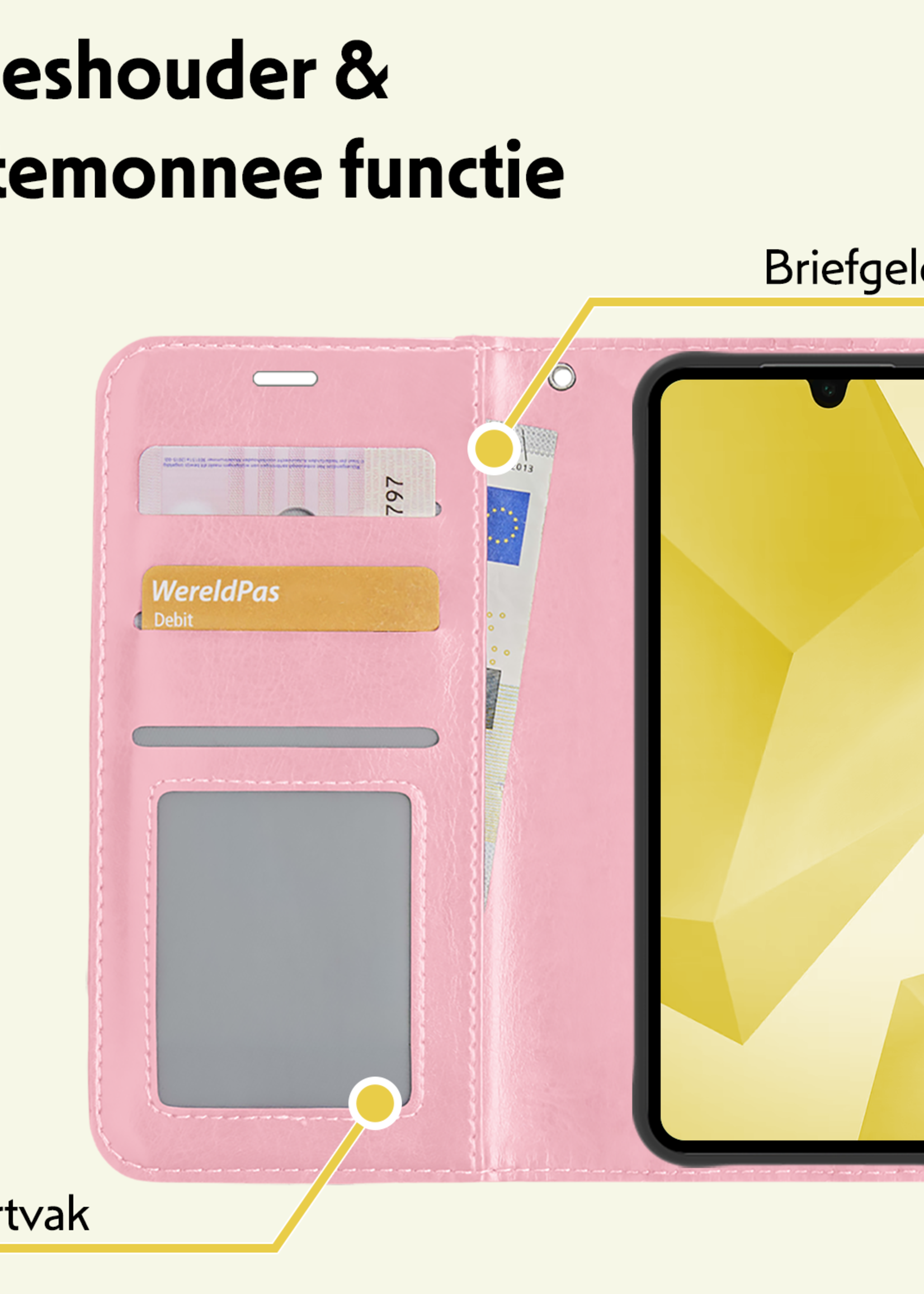 LUQ Hoesje Geschikt voor Samsung A16 Hoesje Book Case Hoes Wallet Cover - Hoes Geschikt voor Samsung Galaxy A16 Hoesje Bookcase Hoes - Lichtroze