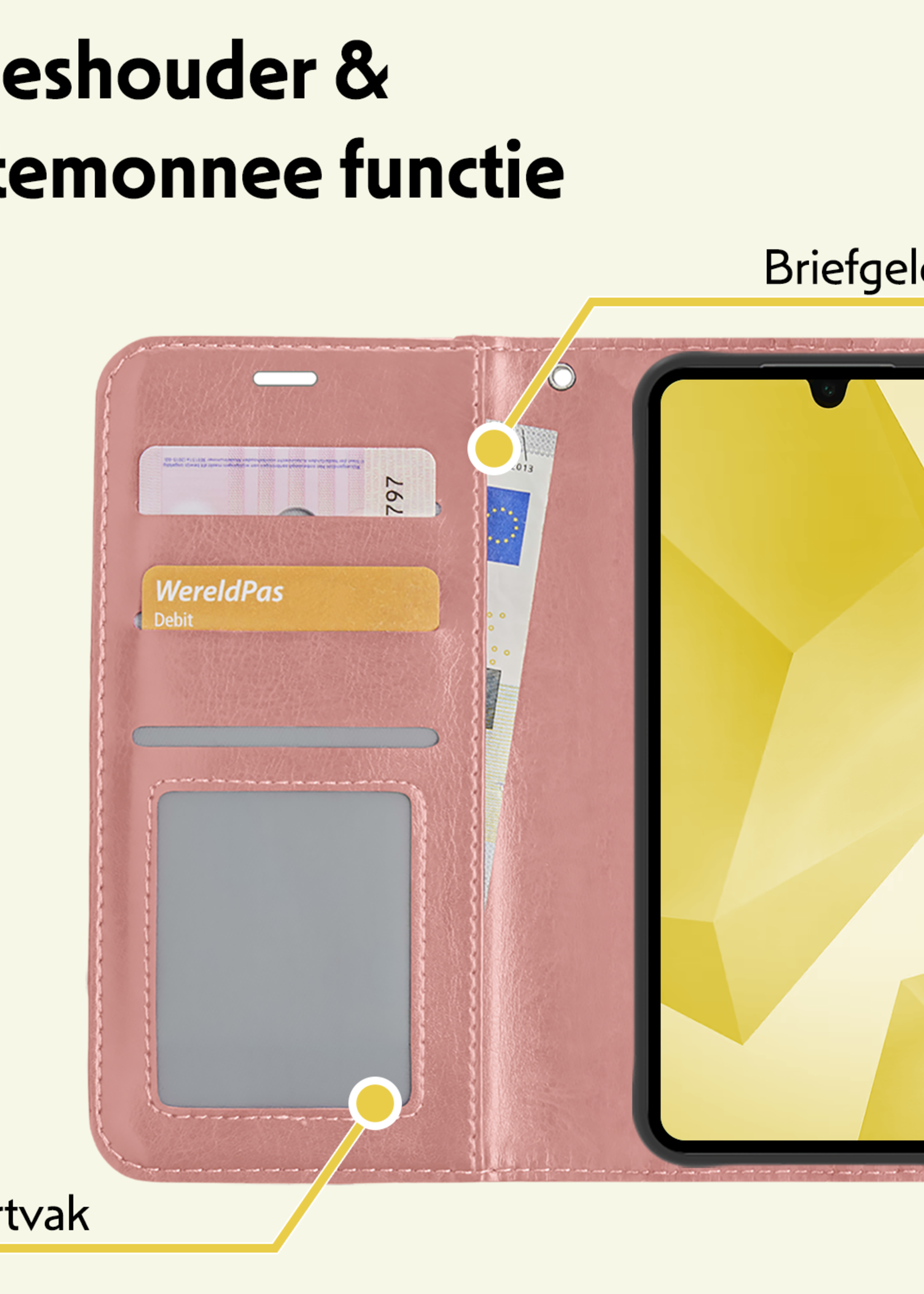 LUQ Hoesje Geschikt voor Samsung A16 Hoesje Book Case Hoes Wallet Cover - Hoes Geschikt voor Samsung Galaxy A16 Hoesje Bookcase Hoes - Rosé goud