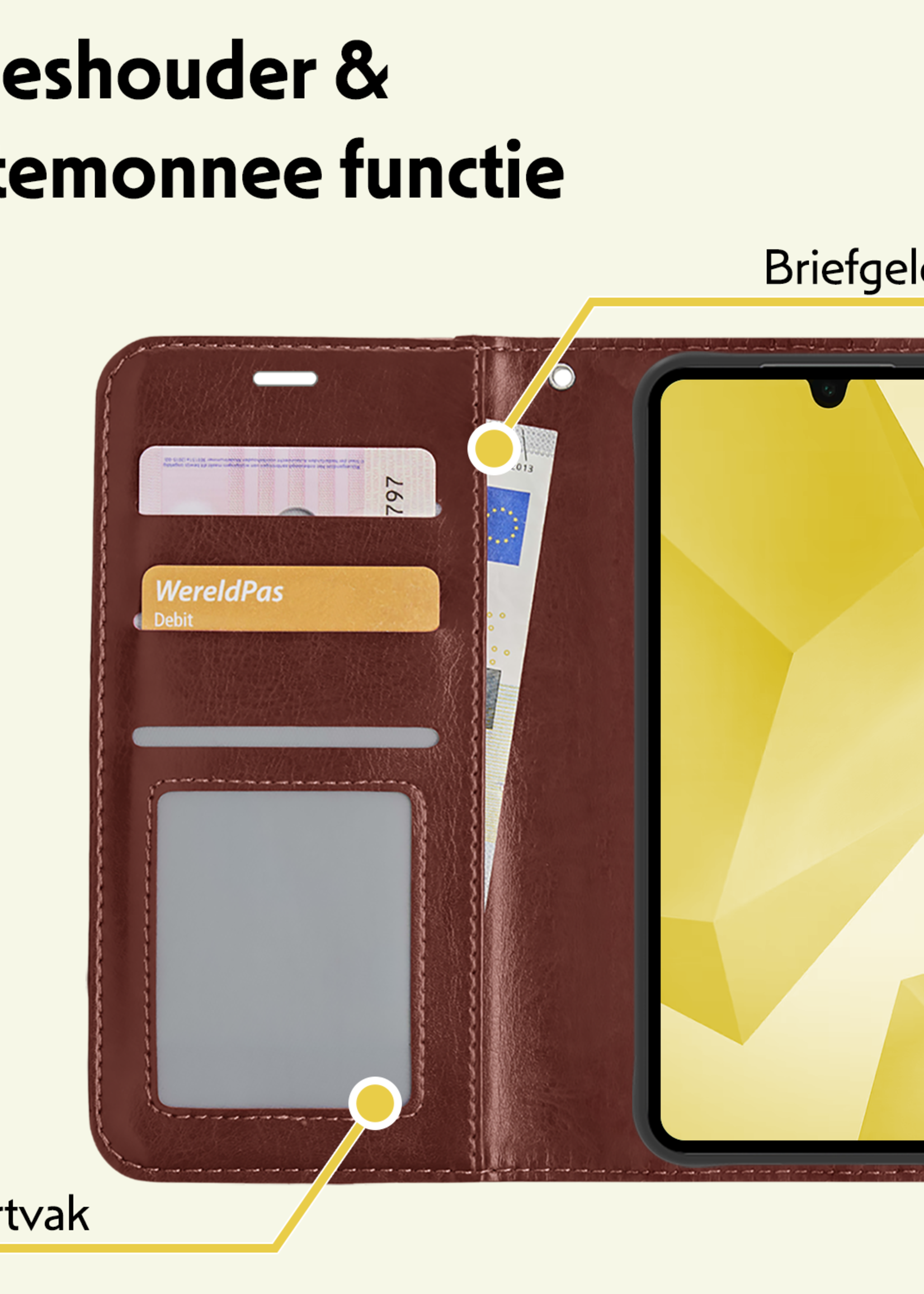 LUQ Hoesje Geschikt voor Samsung A16 Hoesje Book Case Hoes Wallet Cover Met Screenprotector - Hoes Geschikt voor Samsung Galaxy A16 Hoesje Bookcase Hoes - Bruin