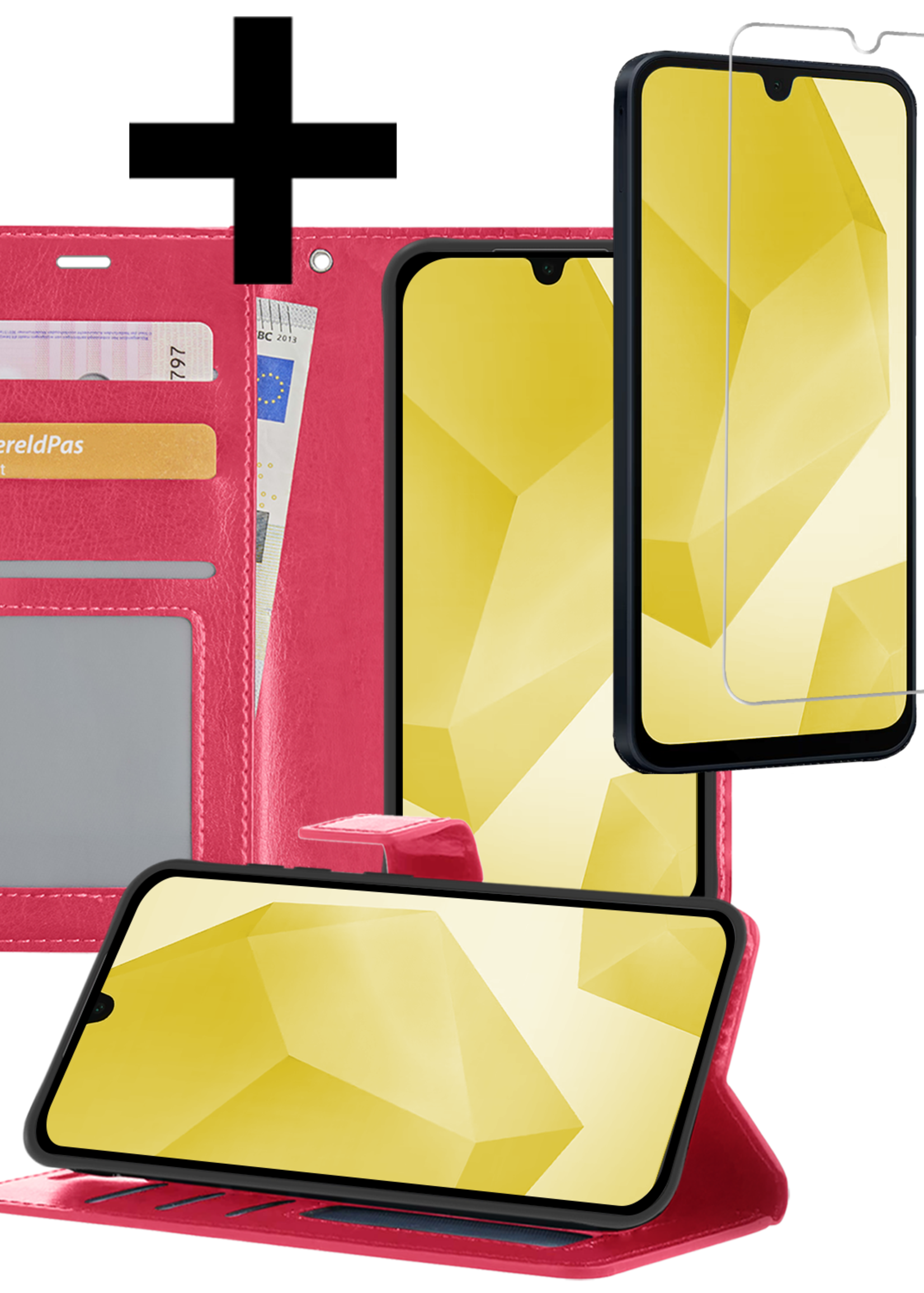 LUQ Hoesje Geschikt voor Samsung A16 Hoesje Book Case Hoes Wallet Cover Met Screenprotector - Hoes Geschikt voor Samsung Galaxy A16 Hoesje Bookcase Hoes - Donkerroze