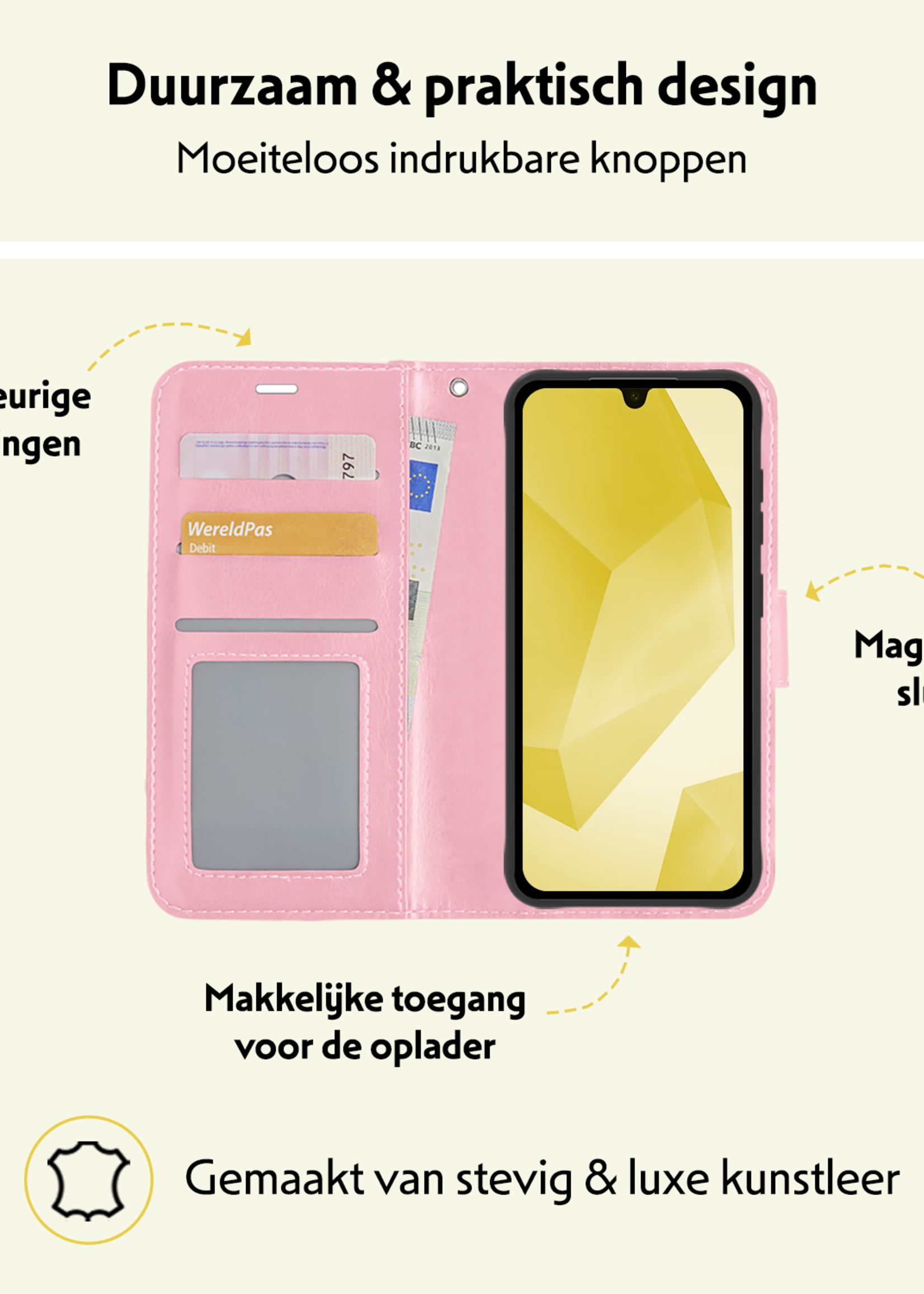 LUQ Hoesje Geschikt voor Samsung A16 Hoesje Book Case Hoes Wallet Cover Met Screenprotector - Hoes Geschikt voor Samsung Galaxy A16 Hoesje Bookcase Hoes - Lichtroze