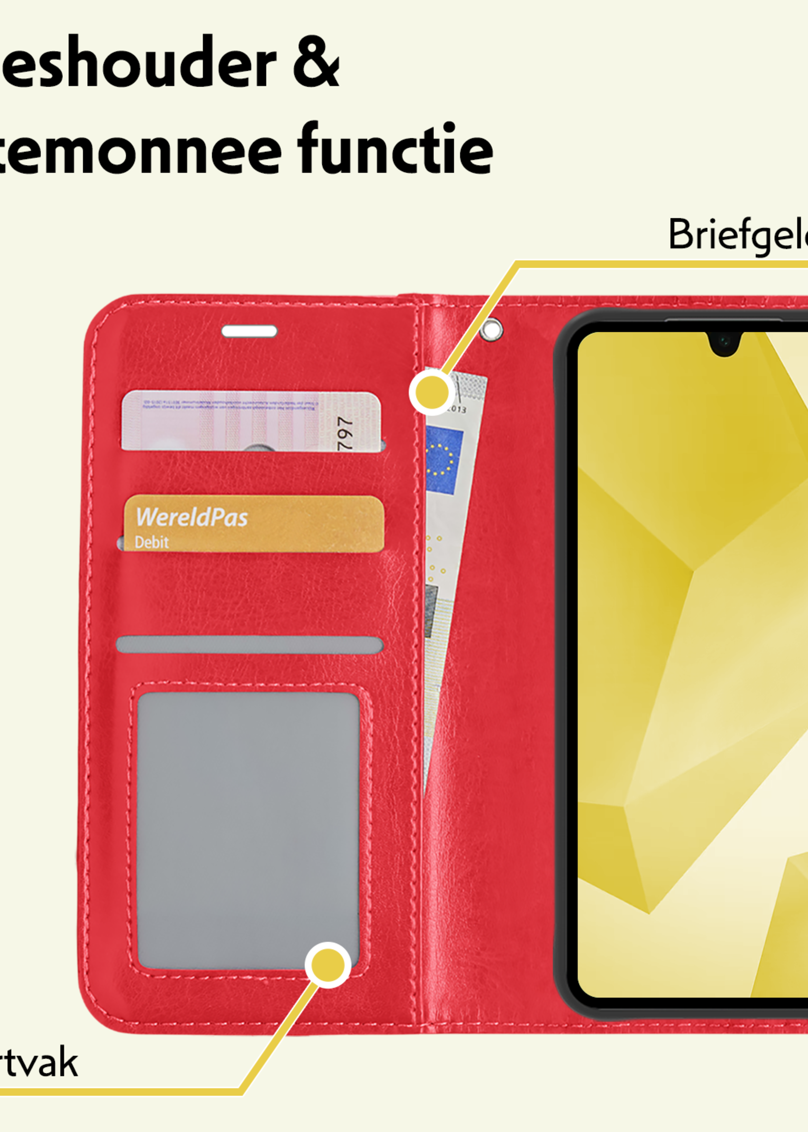 LUQ Hoesje Geschikt voor Samsung A16 Hoesje Book Case Hoes Wallet Cover Met Screenprotector - Hoes Geschikt voor Samsung Galaxy A16 Hoesje Bookcase Hoes - Rood