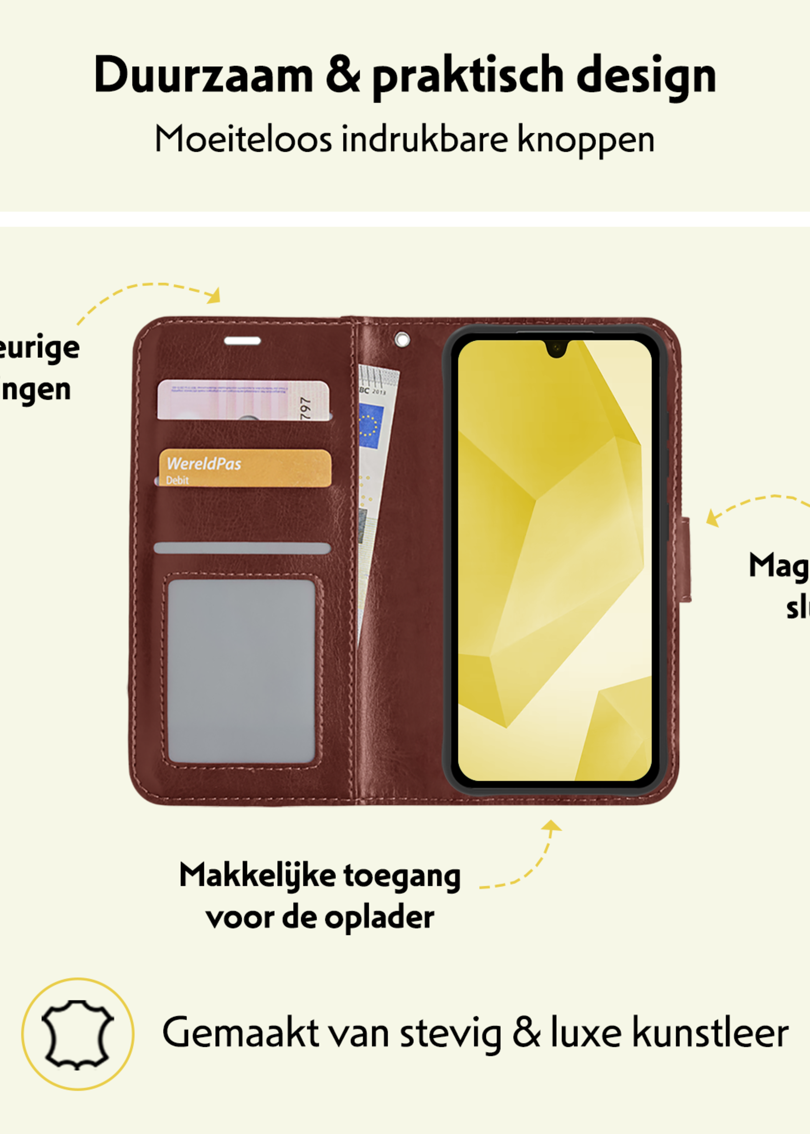 LUQ Hoesje Geschikt voor Samsung A16 Hoesje Book Case Hoes Wallet Cover Met 2x Screenprotector - Hoes Geschikt voor Samsung Galaxy A16 Hoesje Bookcase Hoes - Bruin