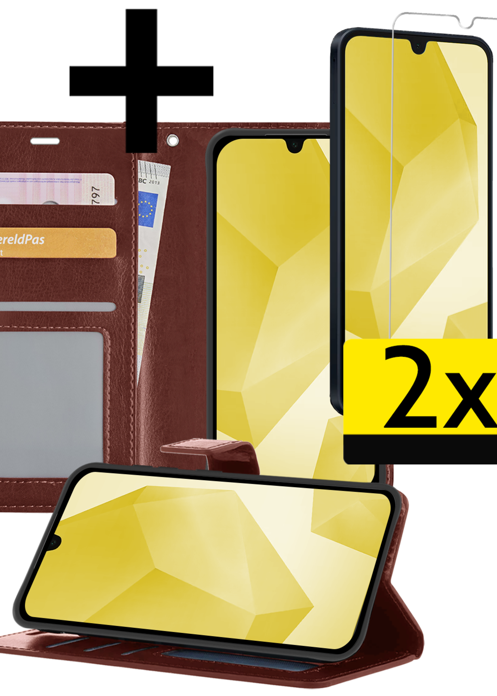 LUQ Hoesje Geschikt voor Samsung A16 Hoesje Book Case Hoes Wallet Cover Met 2x Screenprotector - Hoes Geschikt voor Samsung Galaxy A16 Hoesje Bookcase Hoes - Bruin