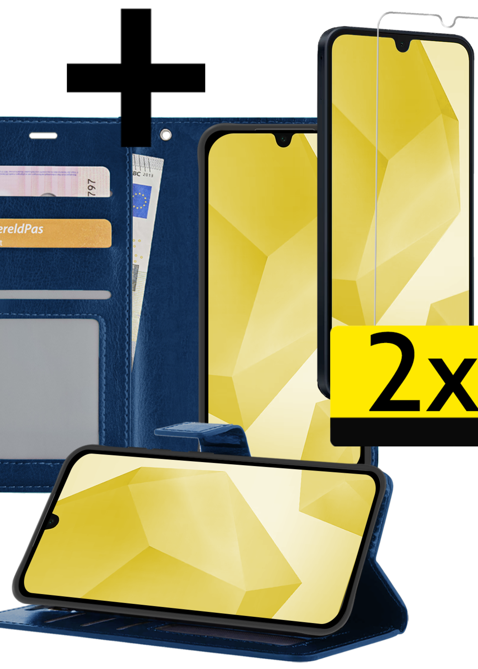 LUQ Hoesje Geschikt voor Samsung A16 Hoesje Book Case Hoes Wallet Cover Met 2x Screenprotector - Hoes Geschikt voor Samsung Galaxy A16 Hoesje Bookcase Hoes - Donkerblauw