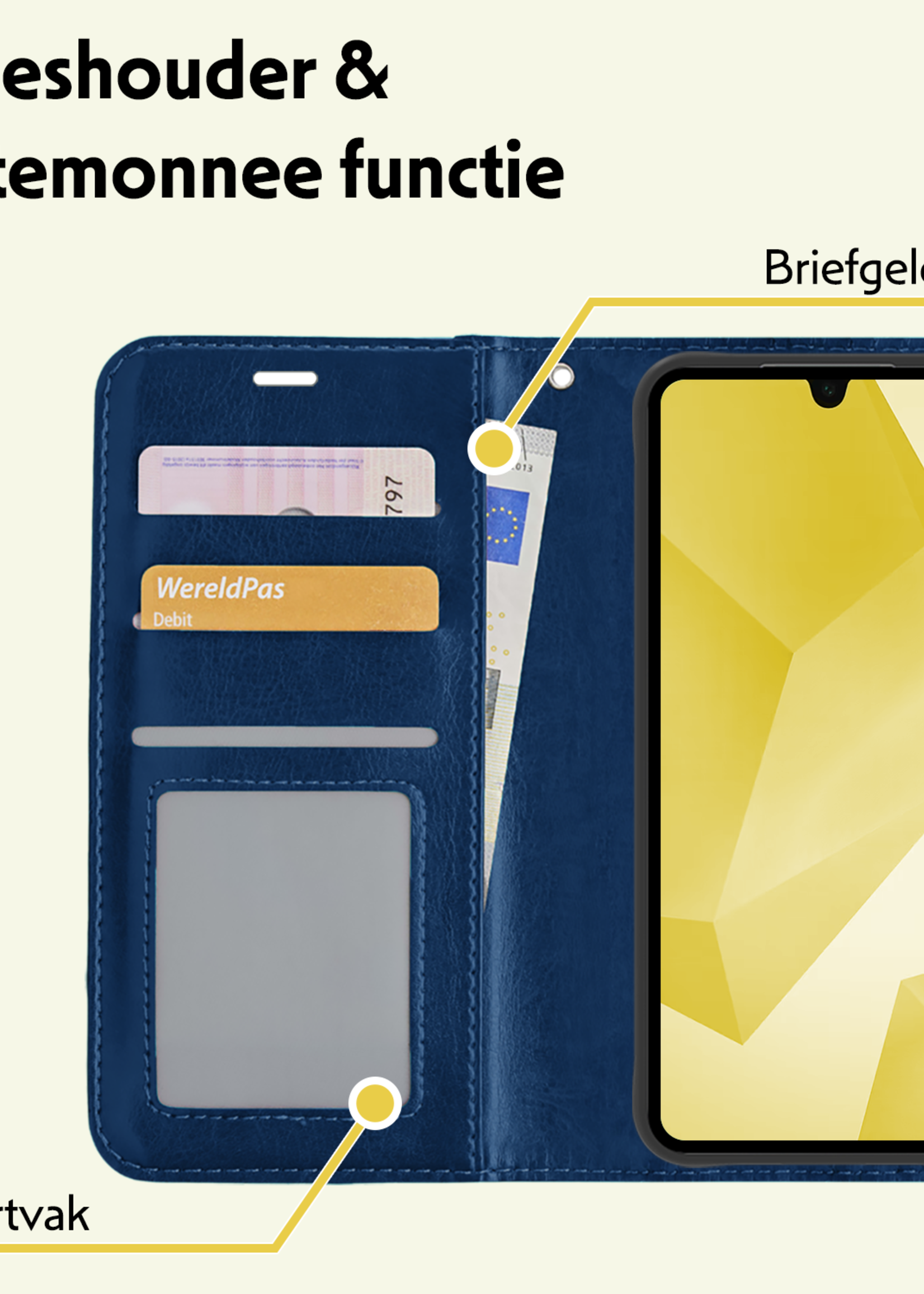 LUQ Hoesje Geschikt voor Samsung A16 Hoesje Book Case Hoes Wallet Cover Met 2x Screenprotector - Hoes Geschikt voor Samsung Galaxy A16 Hoesje Bookcase Hoes - Donkerblauw